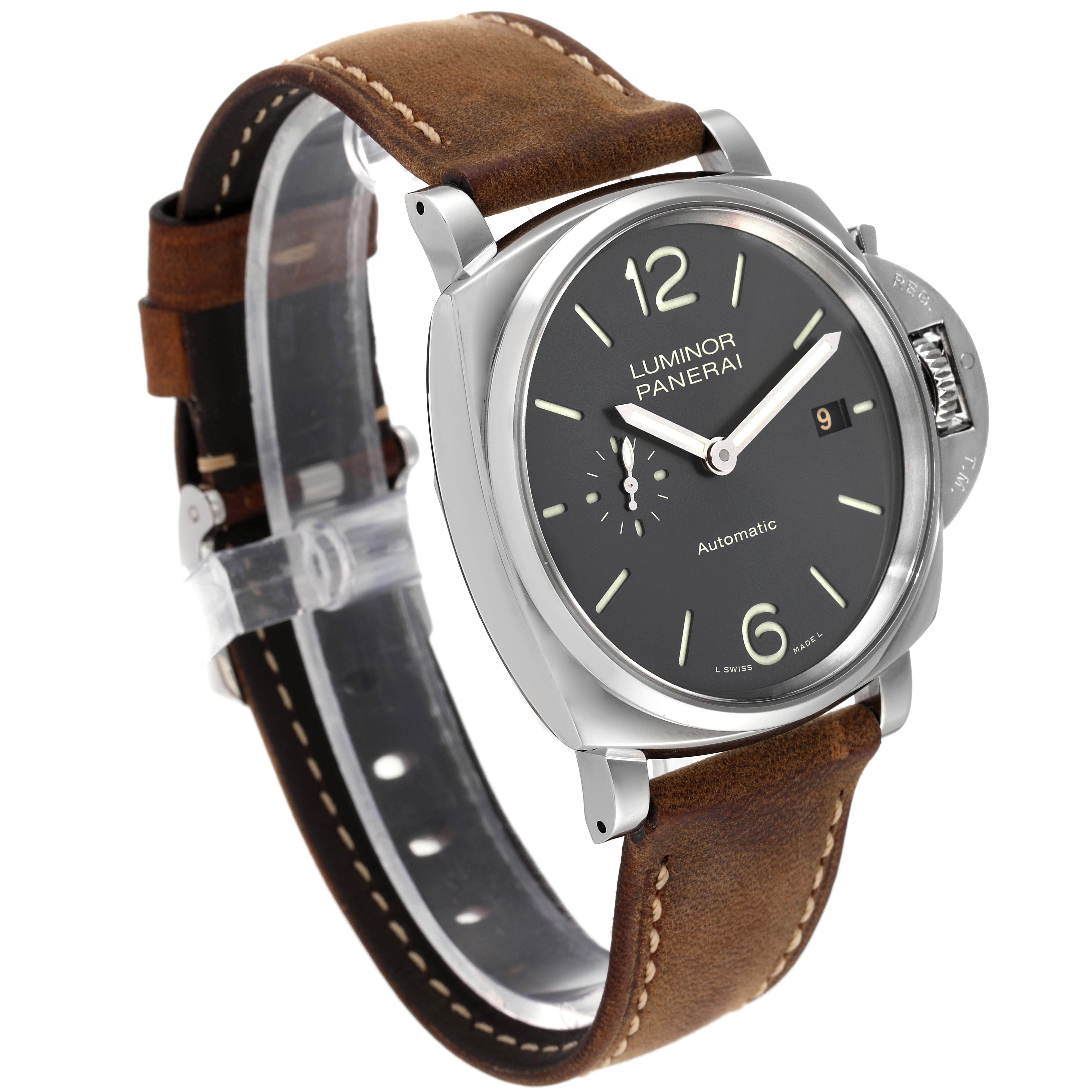 The watch is a Panerai Luminor PAM00904 Men's Stainless Steel Black Dial PAM00904 Men's Stainless Steel Black Dial model shown at a three-quarter angle, displaying the dial, crown, and leather strap.