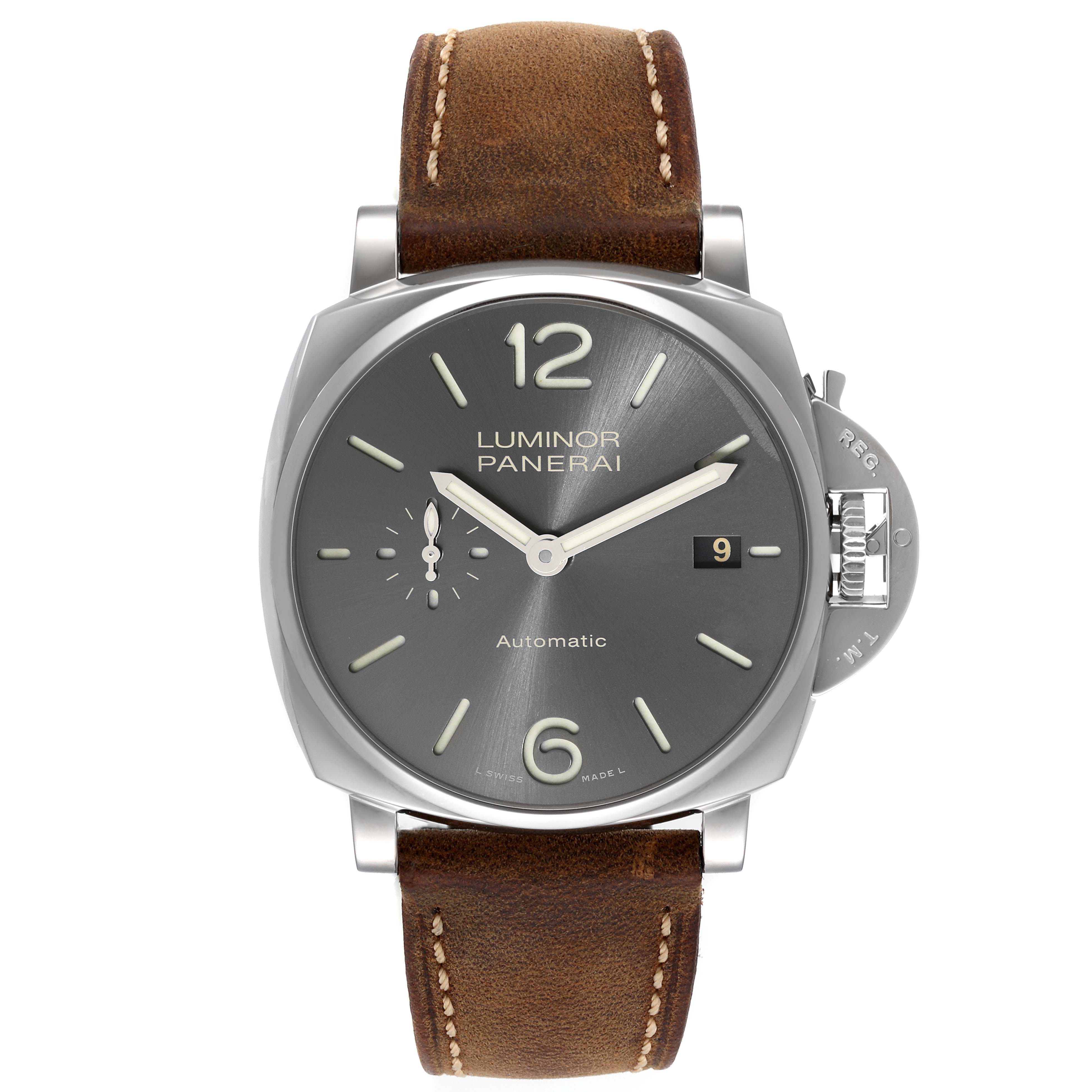 The image shows a front view of a Panerai Luminor PAM00904 Men's Stainless Steel Black Dial PAM00904 Men's Stainless Steel Black Dial watch, highlighting the dial, hands, date window, and leather strap.