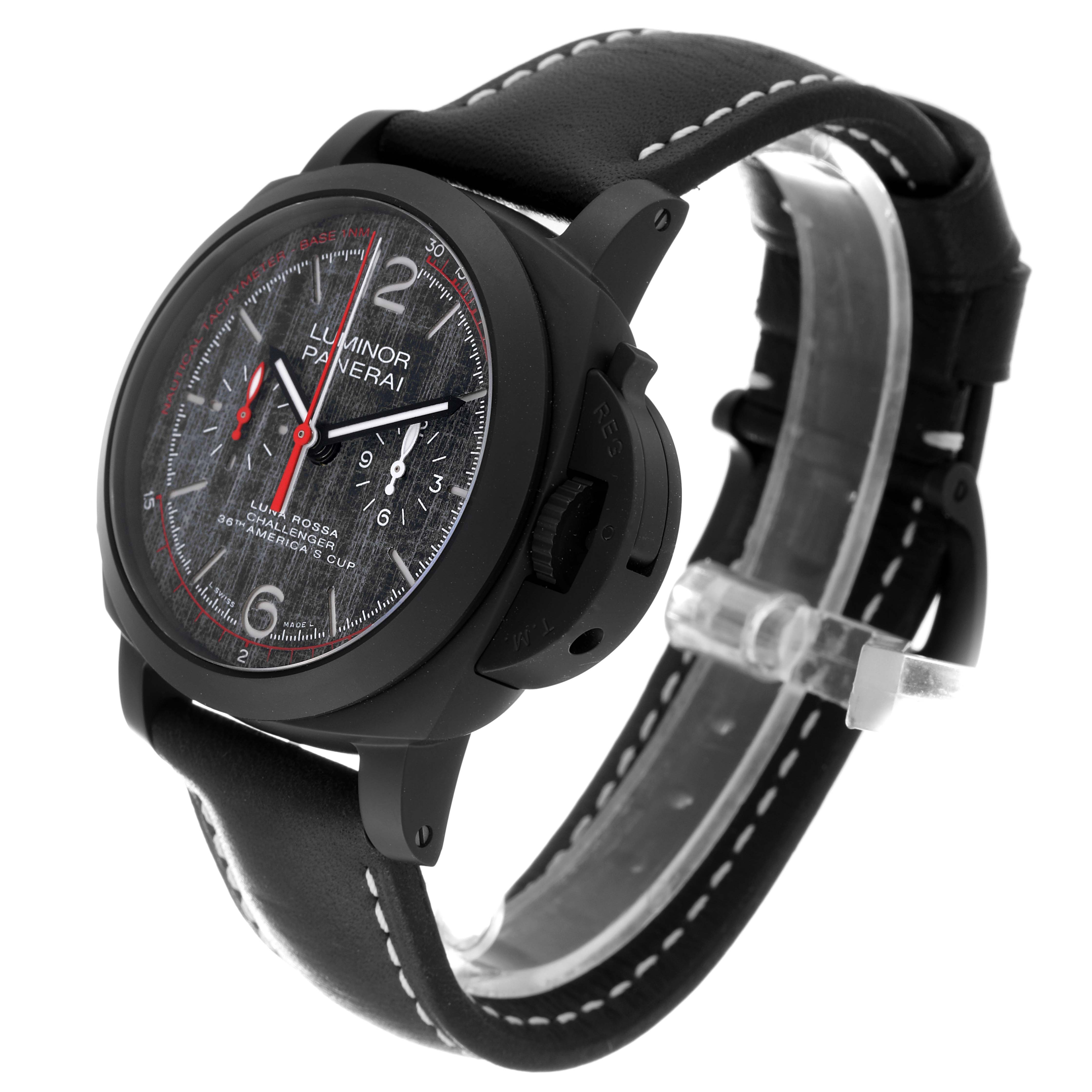 The image shows a Panerai Luminor PAM01037 Men's Ceramic Grey Dial PAM01037 Men's Ceramic Grey Dial watch at a three-quarter angle, highlighting the dial, crown, and leather strap.