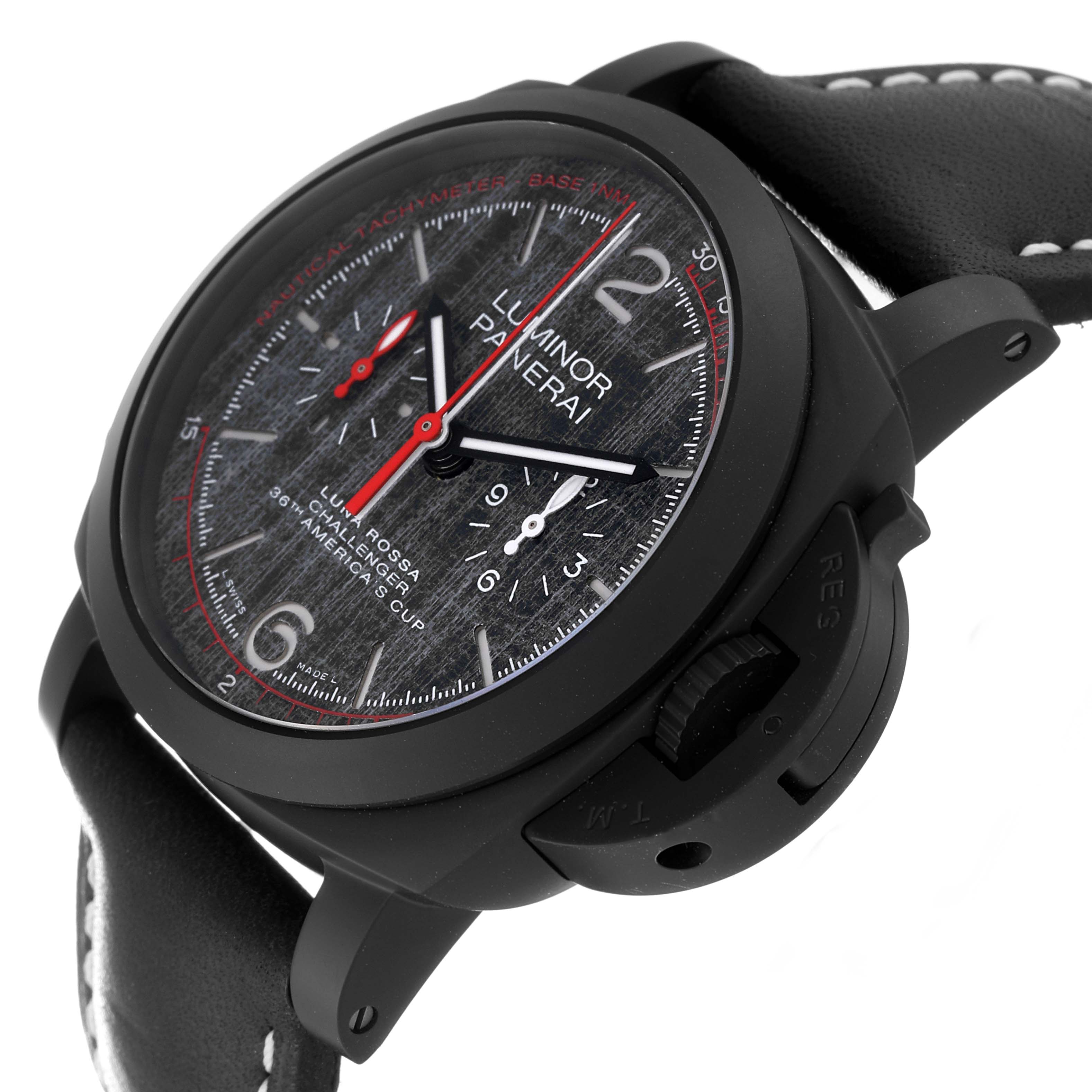 The Panerai Luminor PAM01037 Men's Ceramic Grey Dial PAM01037 Men's Ceramic Grey Dial watch is shown at an angle, highlighting its dial, bezel, casing, and leather strap.