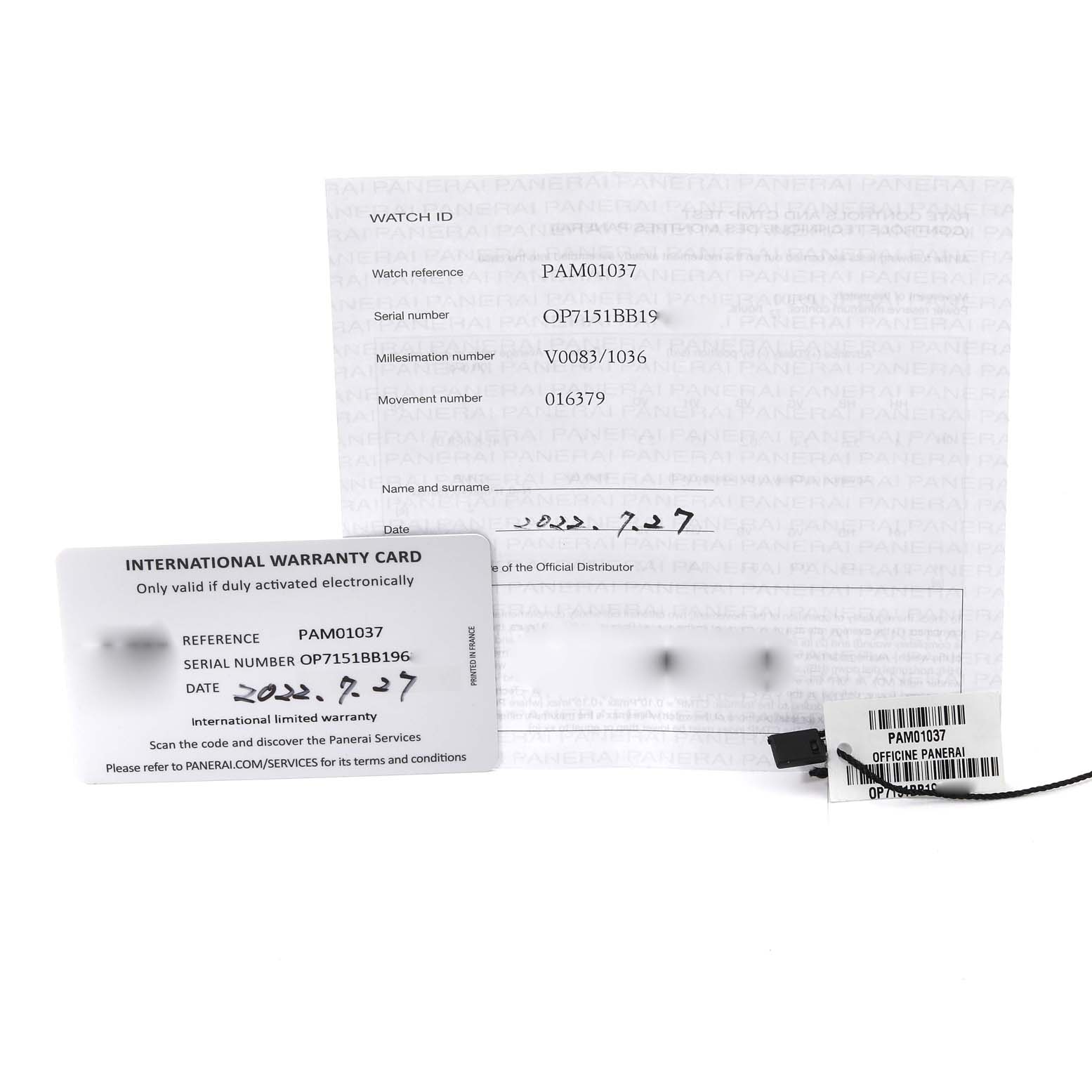 The image shows an International Warranty Card, a Watch ID certificate, and a tag for a Panerai Luminor PAM01037 Men's Ceramic Grey Dial PAM01037 Men's Ceramic Grey Dial model PAM01037.