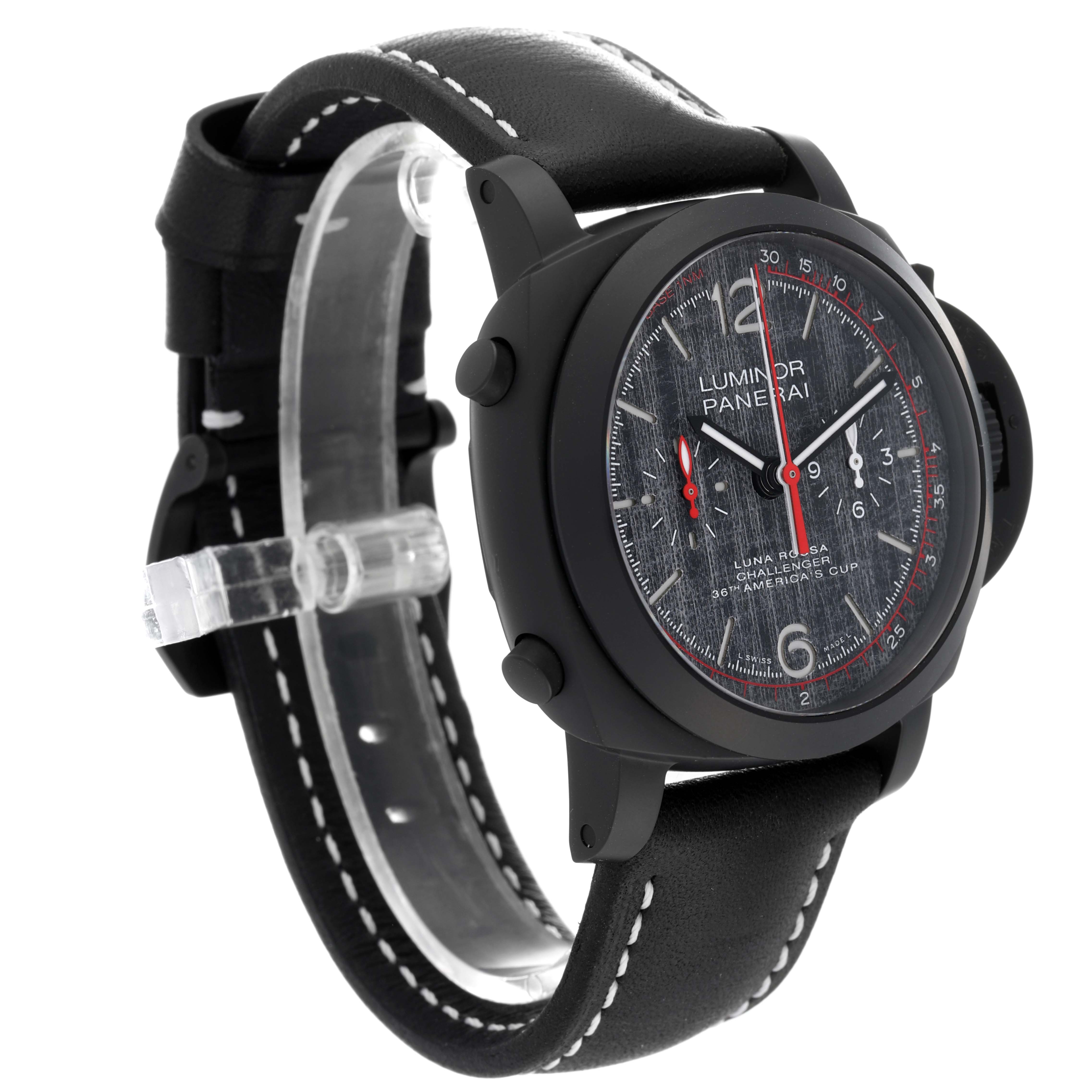 The Panerai Luminor PAM01037 Men's Ceramic Grey Dial PAM01037 Men's Ceramic Grey Dial model watch is shown at a three-quarter angle, displaying the face, case, and partial strap.