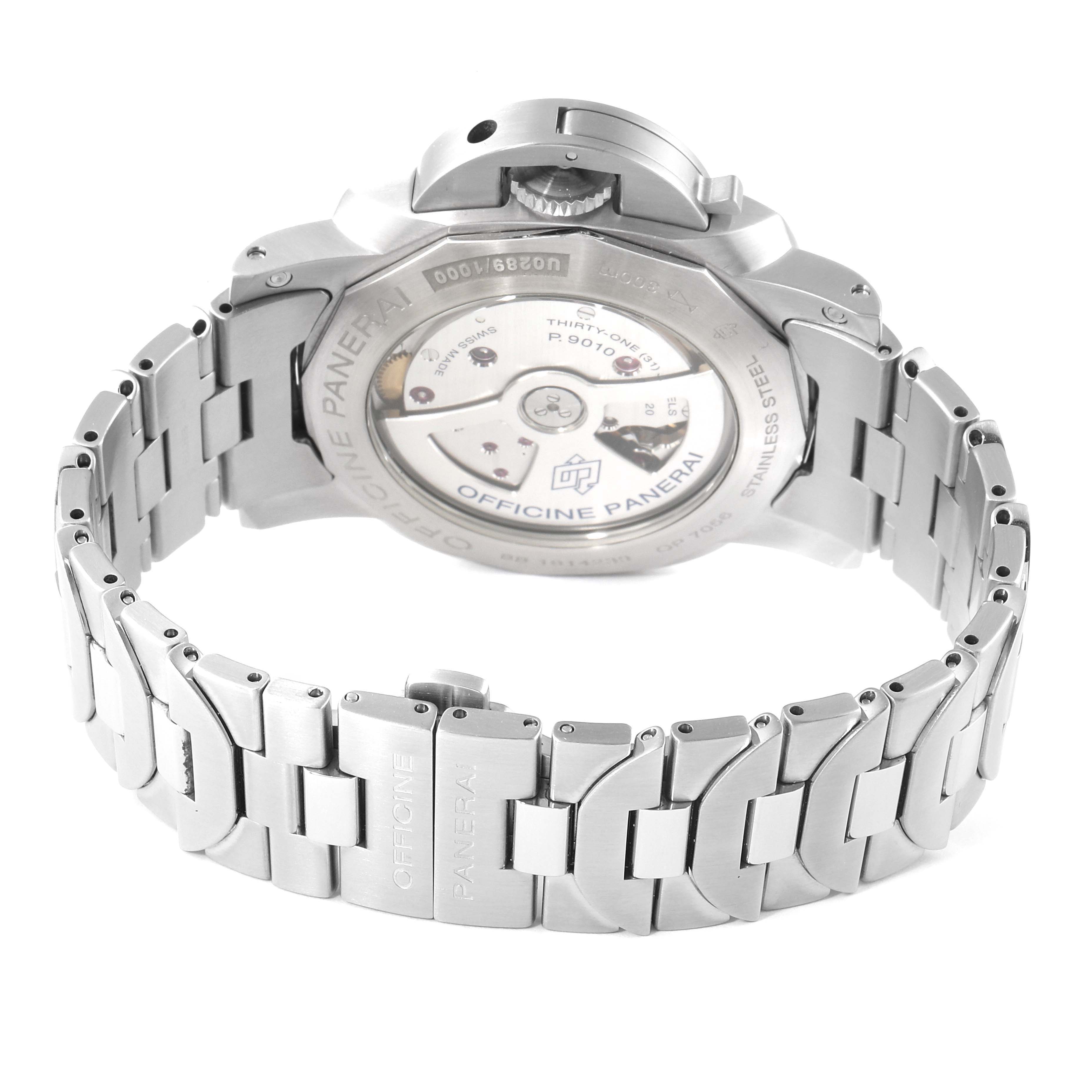 The image shows the back and stainless steel bracelet of a Panerai Luminor PAM00723 Men
s Stainless Steel Black Dial PAM00723 Men
s Stainless Steel Black Dial watch, highlighting the movement and case back.