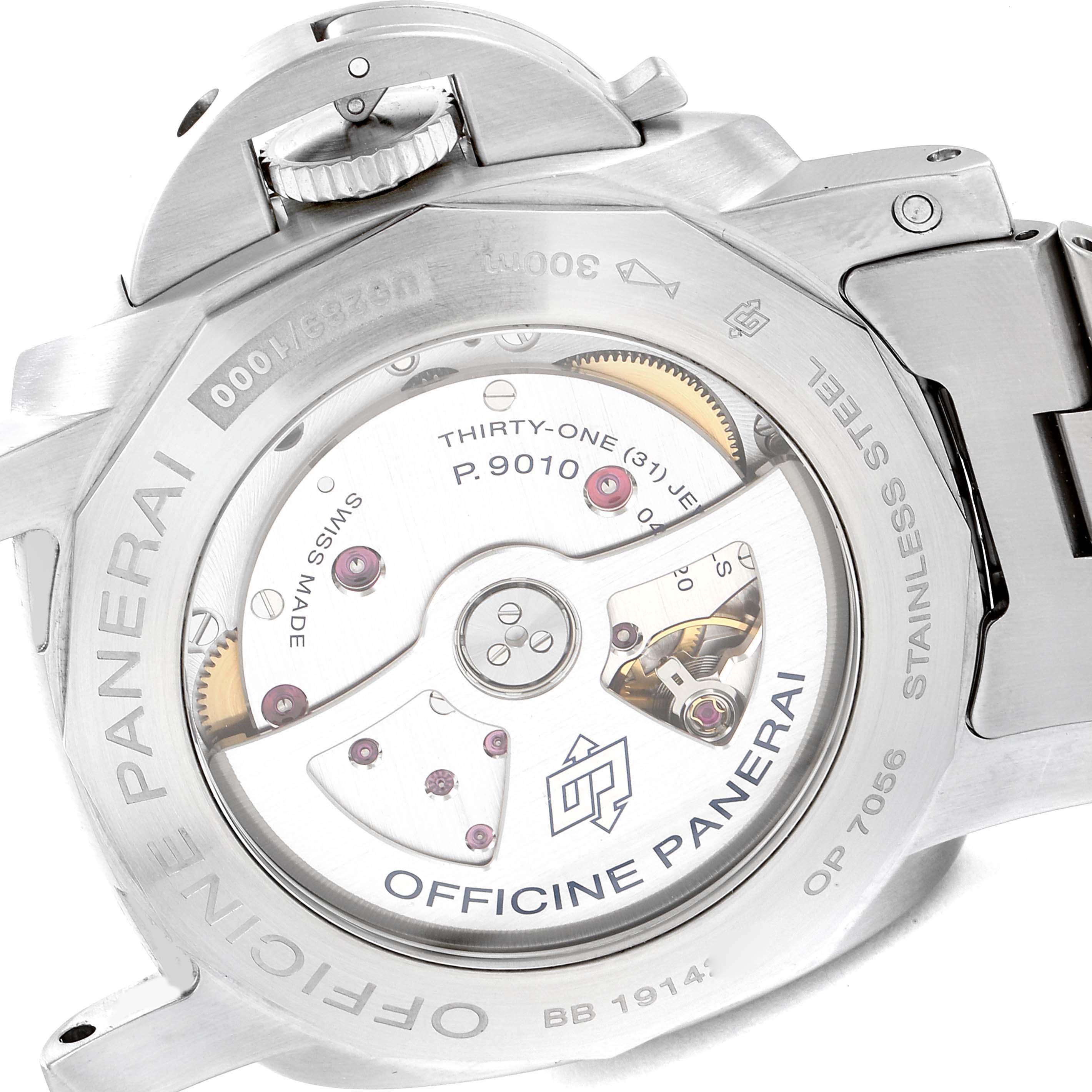 This is the back view of a Panerai Luminor PAM00723 Men
s Stainless Steel Black Dial PAM00723 Men
s Stainless Steel Black Dial, showing the transparent case back and internal movement.