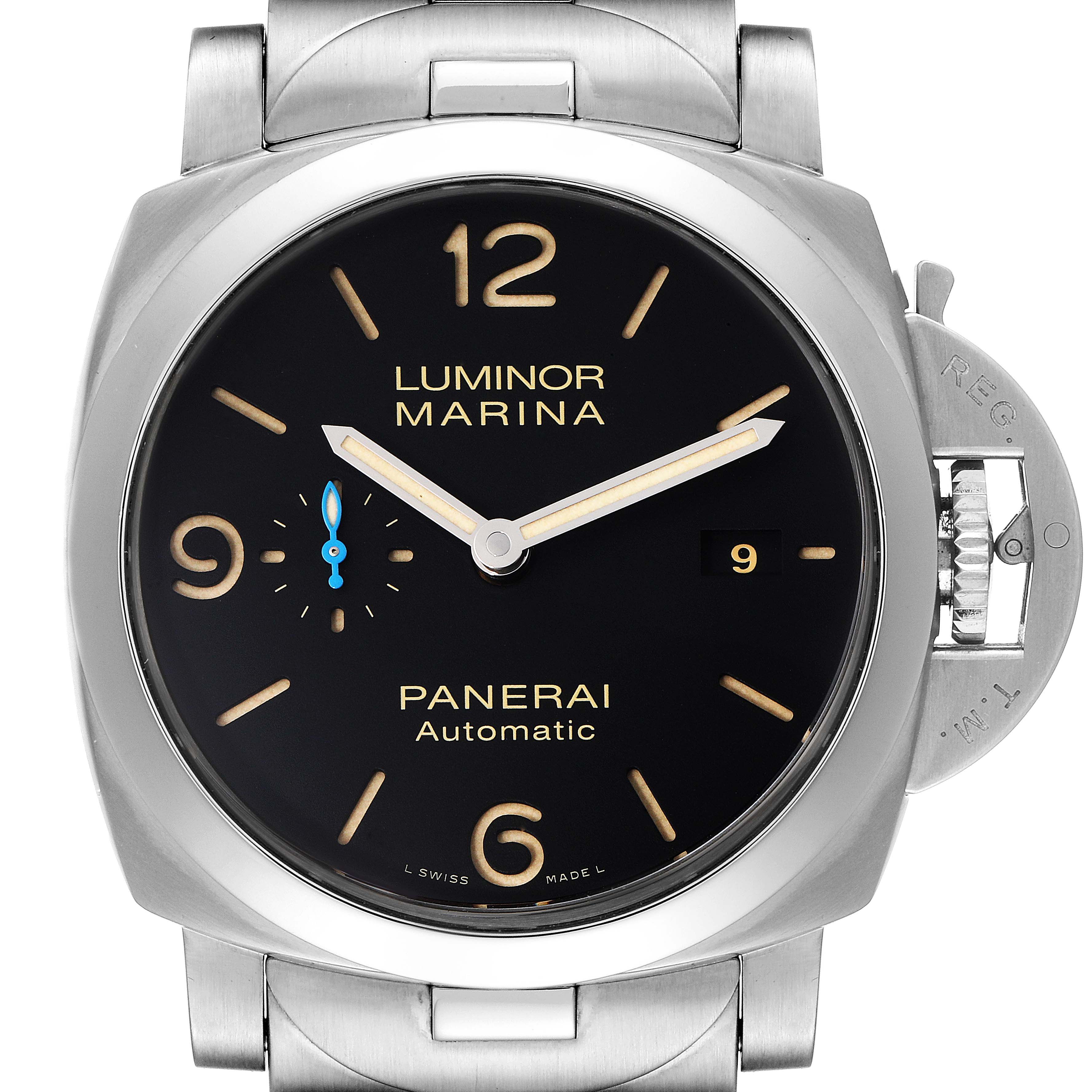 The image shows a front view of the Panerai Luminor PAM00723 Men
s Stainless Steel Black Dial PAM00723 Men
s Stainless Steel Black Dial Marina watch, highlighting its black dial, markers, and crown guard.