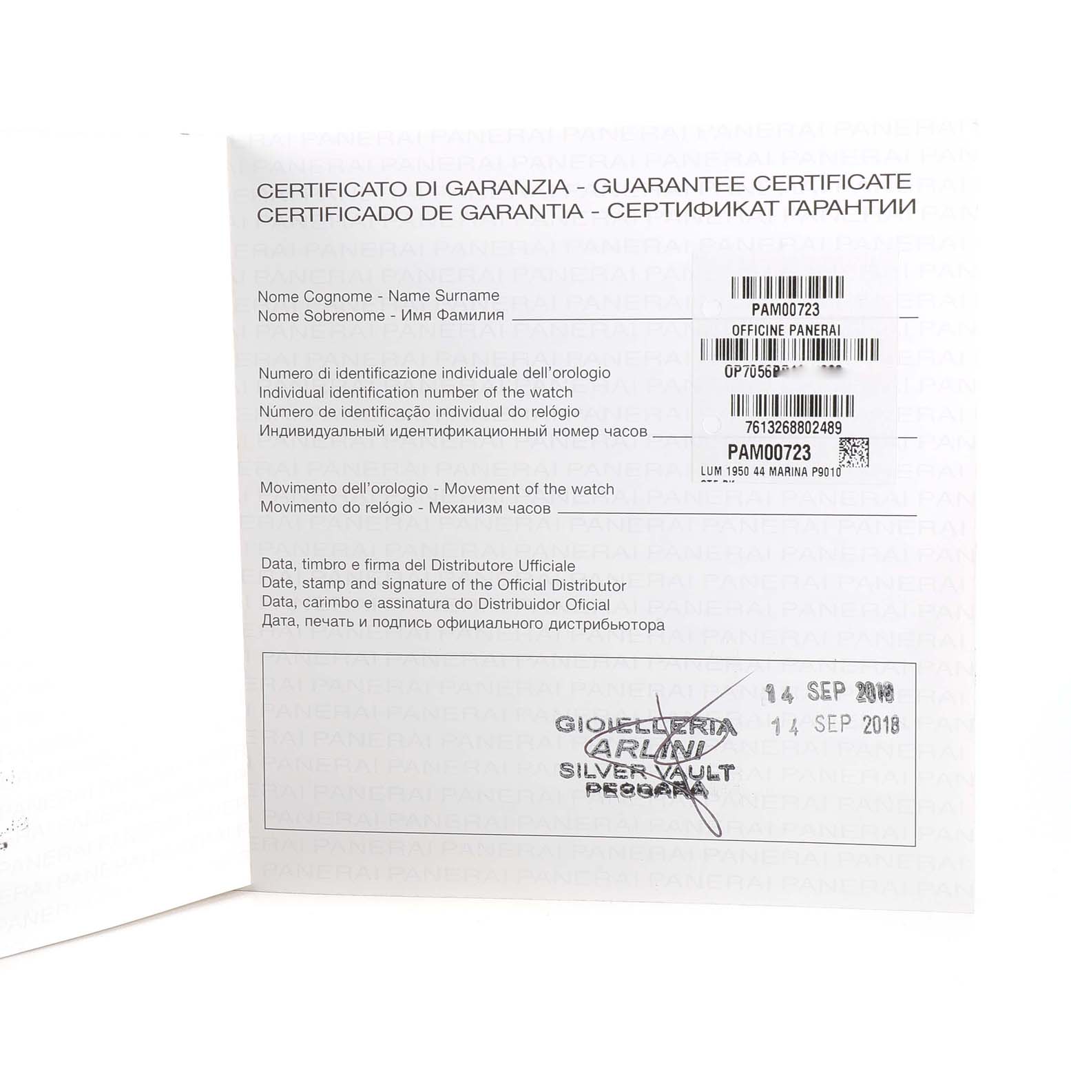 The image shows the guarantee certificate for a Panerai Luminor PAM00723 Men
s Stainless Steel Black Dial PAM00723 Men
s Stainless Steel Black Dial watch, displaying identification numbers, movement details, and stamps.