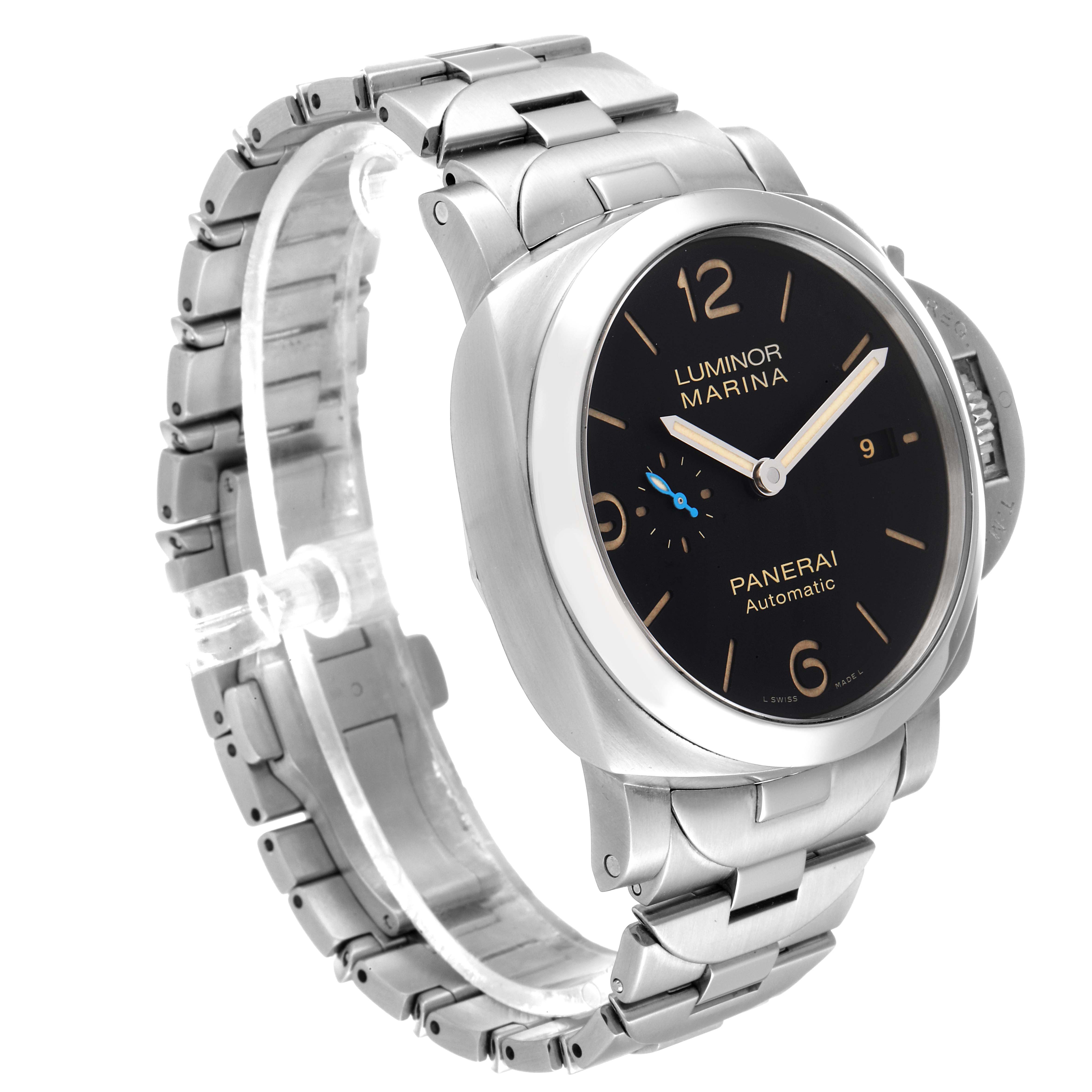 This image shows a Panerai Luminor PAM00723 Men
s Stainless Steel Black Dial PAM00723 Men
s Stainless Steel Black Dial Marina watch from a three-quarter angle, highlighting its dial, bracelet, and part of the crown guard.