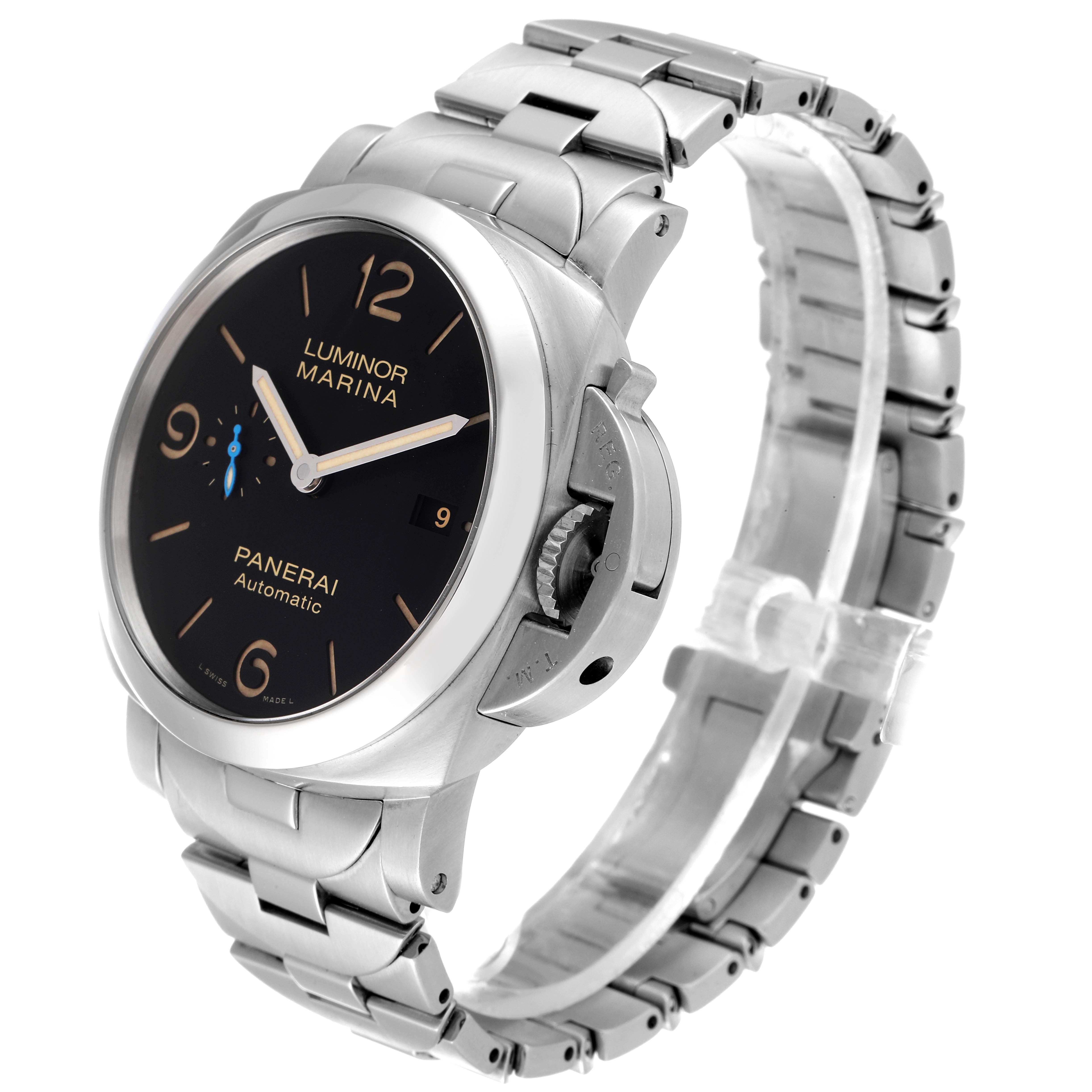 The image shows a Panerai Luminor PAM00723 Men
s Stainless Steel Black Dial PAM00723 Men
s Stainless Steel Black Dial Marina watch at an angled view, displaying the face, crown guard, and metal bracelet.