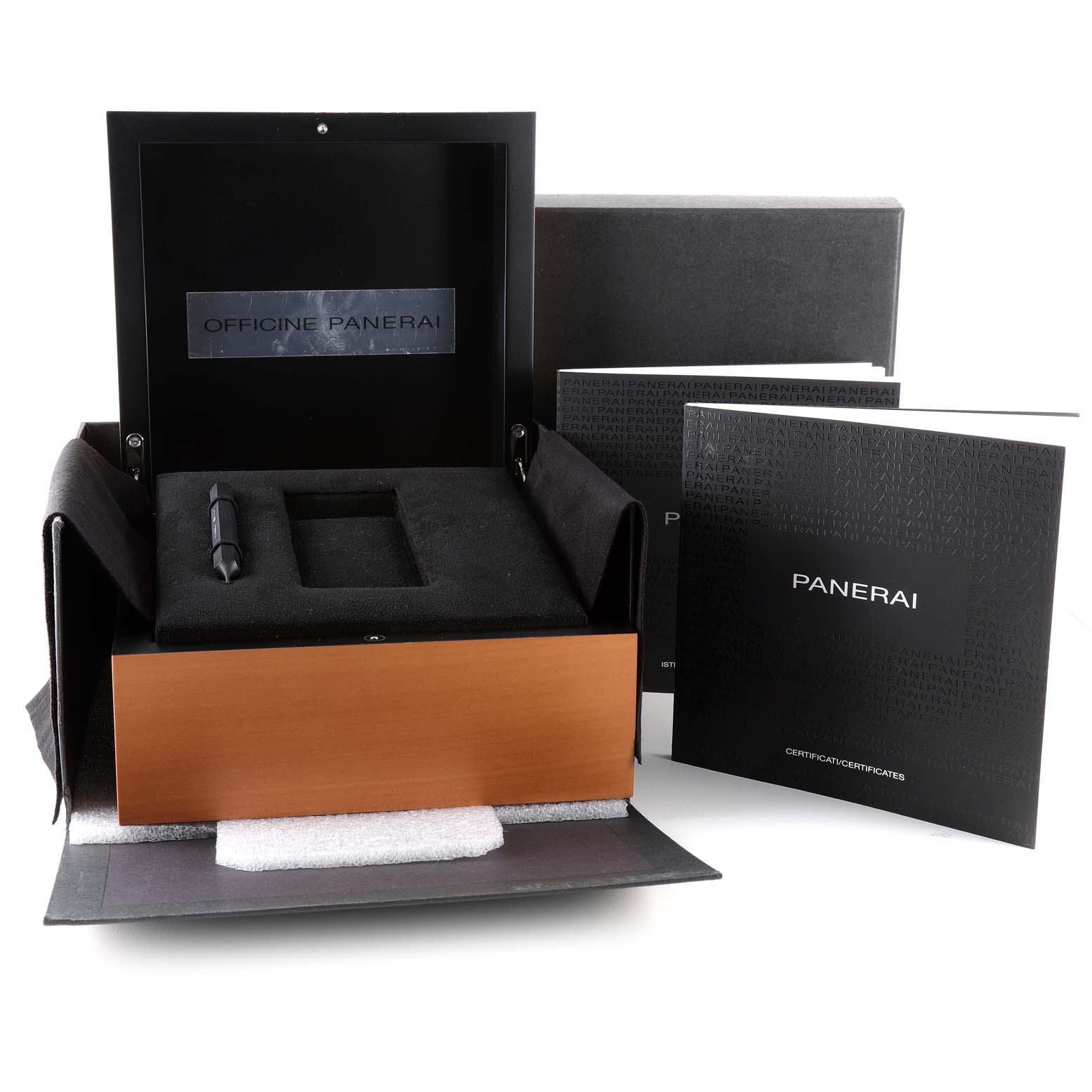 The image shows the special wooden case and accessories for a Panerai Luminor PAM00723 Men
s Stainless Steel Black Dial PAM00723 Men
s Stainless Steel Black Dial watch, including a tool and certificates.