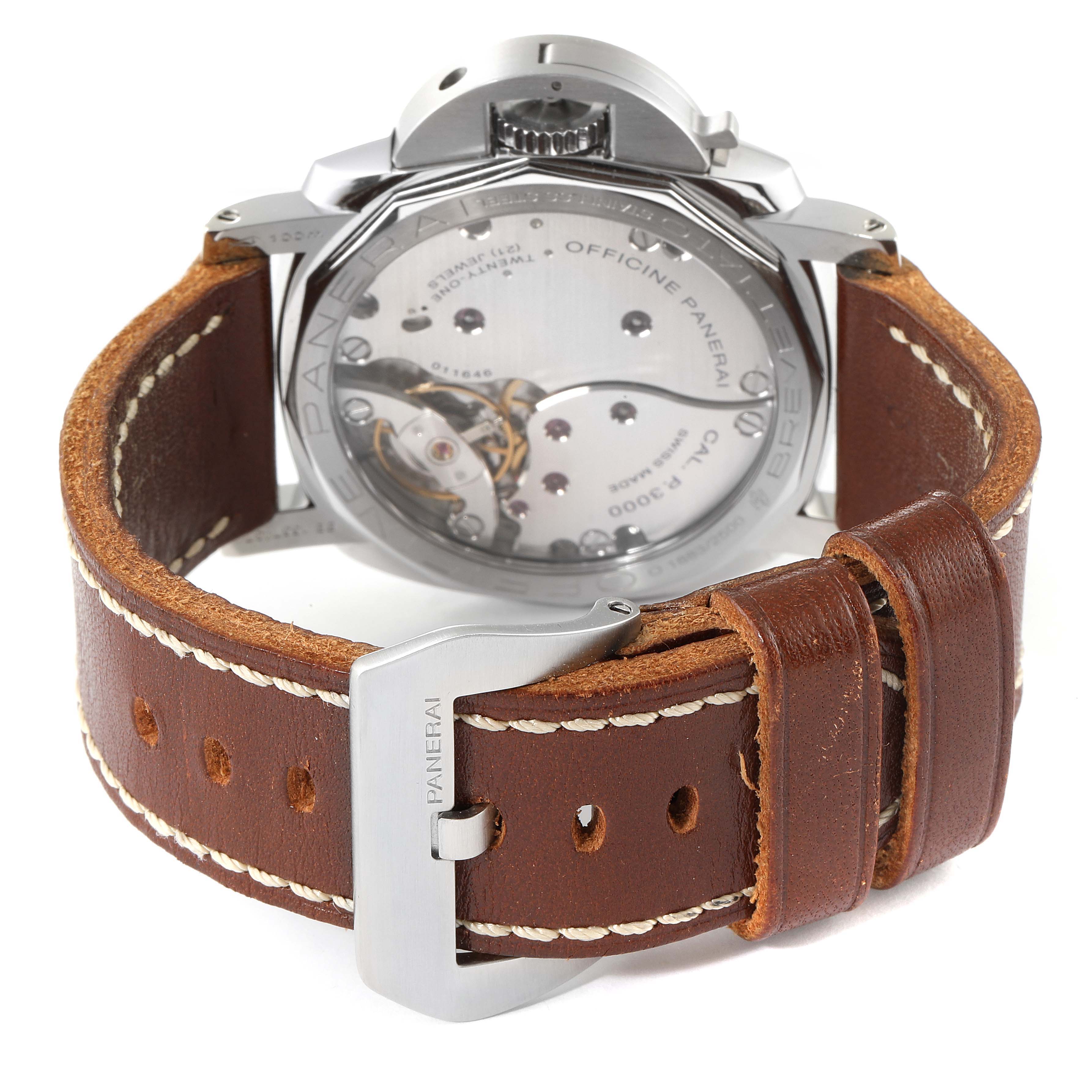 This image shows the back view of a Panerai Luminor PAM00372 Men
s Stainless Steel Black Dial PAM00372 Men
s Stainless Steel Black Dial watch, highlighting the transparent case back and the brown leather strap.