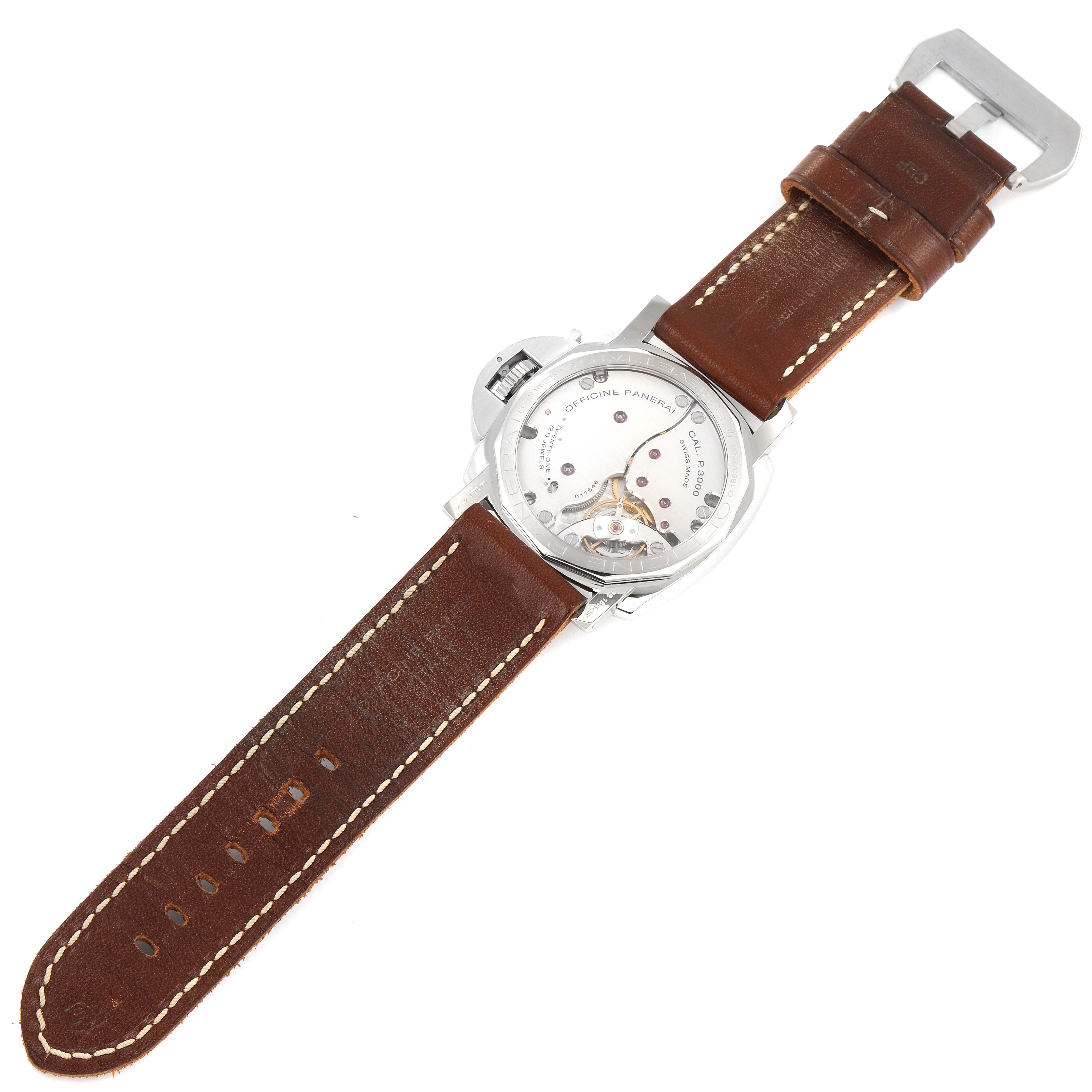 The image shows the back view of a Panerai Luminor PAM00372 Men
s Stainless Steel Black Dial PAM00372 Men
s Stainless Steel Black Dial watch, highlighting the brown leather strap and the transparent case back.