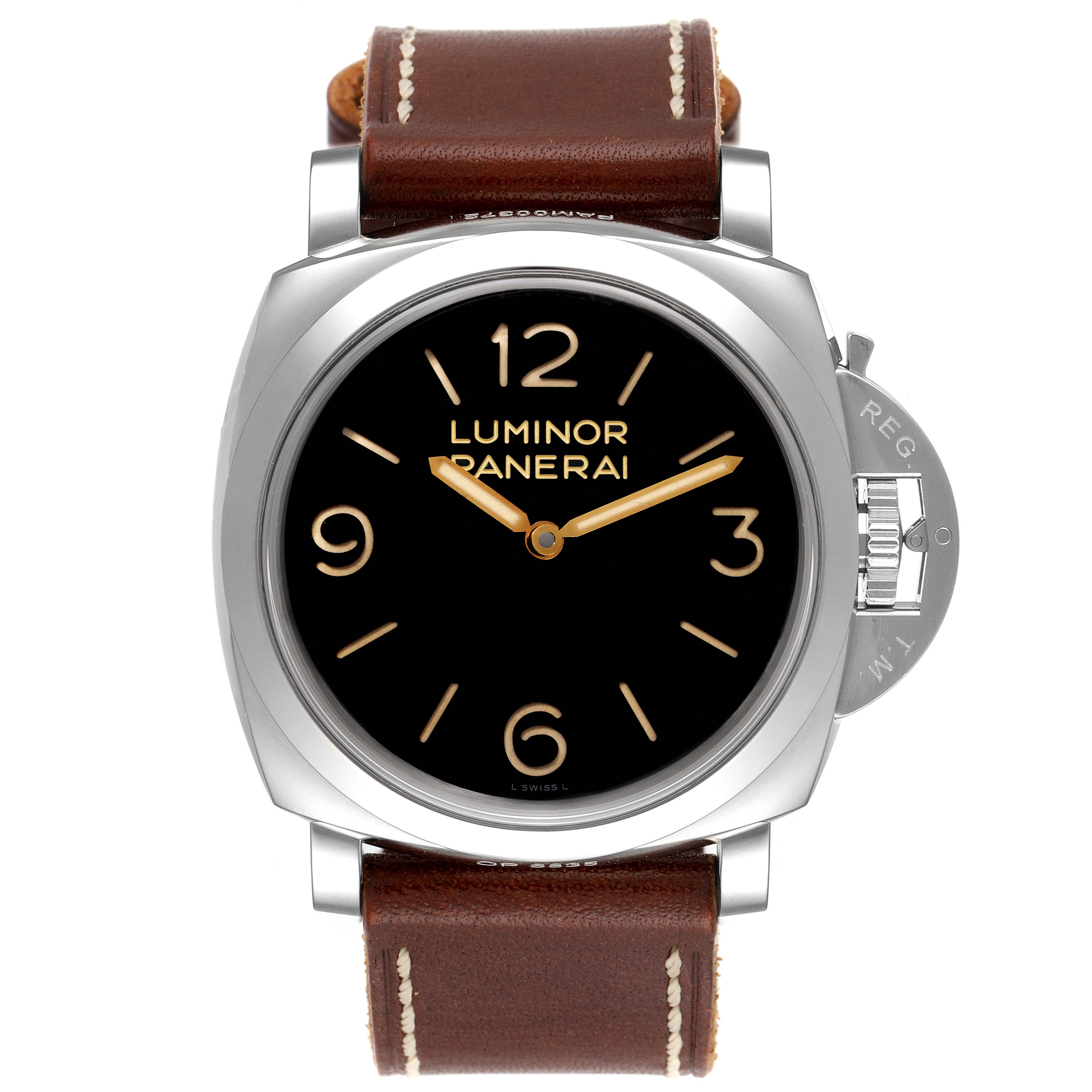 The image shows a Panerai Luminor PAM00372 Men
s Stainless Steel Black Dial PAM00372 Men
s Stainless Steel Black Dial watch from a front angle, highlighting the dial, bezel, crown guard, and leather strap.