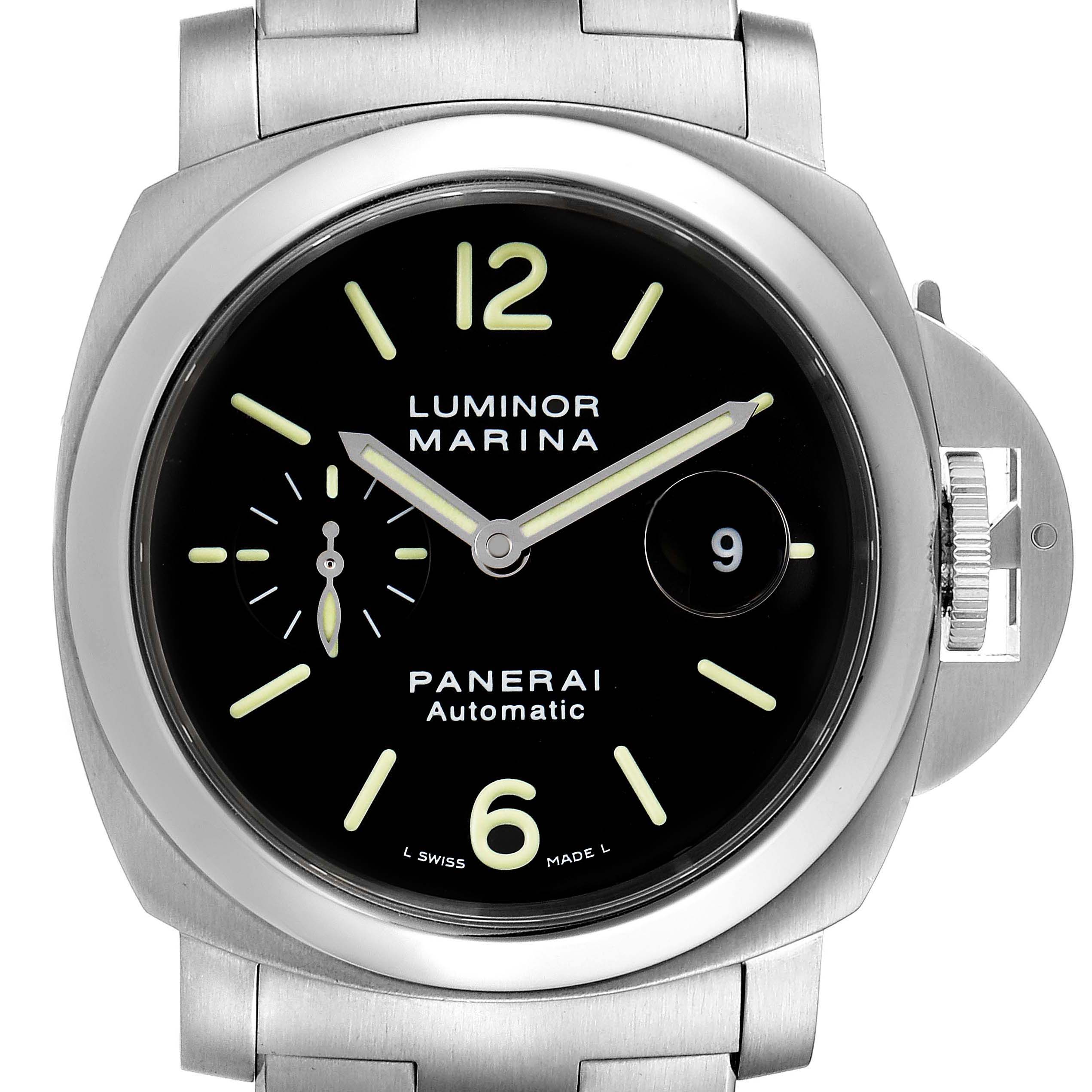 The image shows a frontal view of a Panerai Luminor PAM00299 Men's Stainless Steel Black Dial PAM00299 Men's Stainless Steel Black Dial Marina watch, displaying the dial, case, and crown.