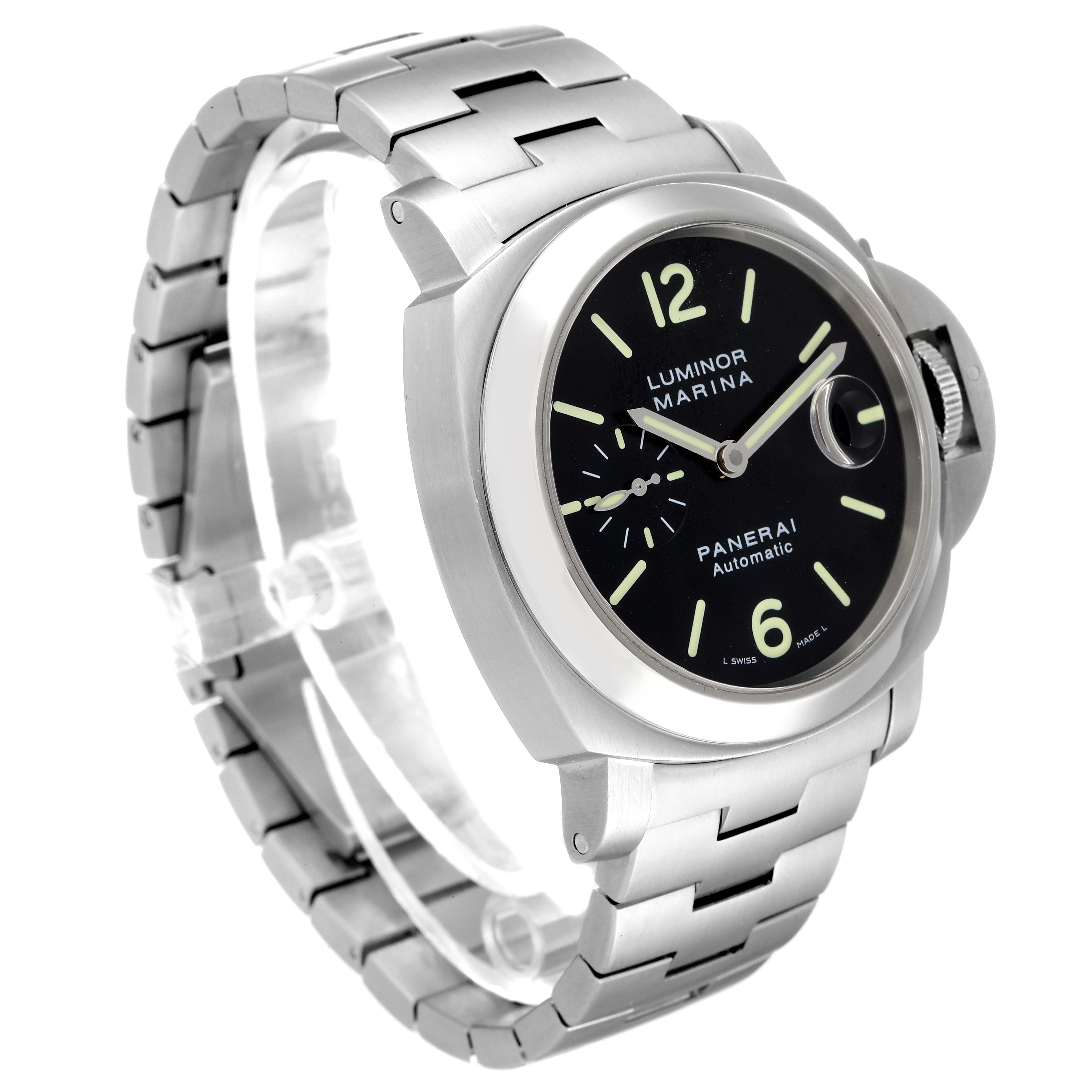 The Panerai Luminor PAM00299 Men's Stainless Steel Black Dial PAM00299 Men's Stainless Steel Black Dial model watch is shown at an angled side view, highlighting its face, bezel, and metal bracelet.