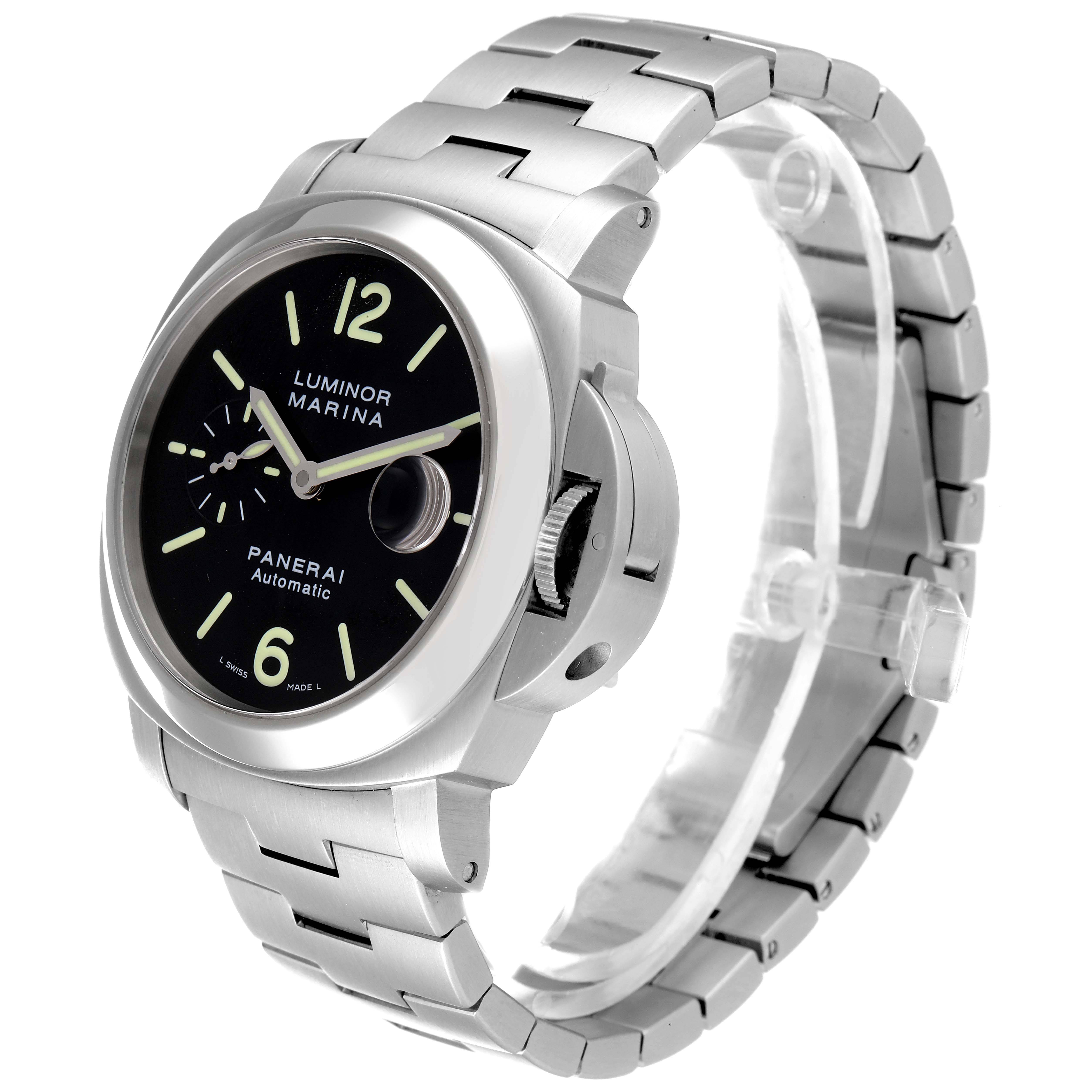 The image shows a front-side angle of a Panerai Luminor PAM00299 Men's Stainless Steel Black Dial PAM00299 Men's Stainless Steel Black Dial Marina watch, highlighting its dial, crown guard, and stainless steel bracelet.