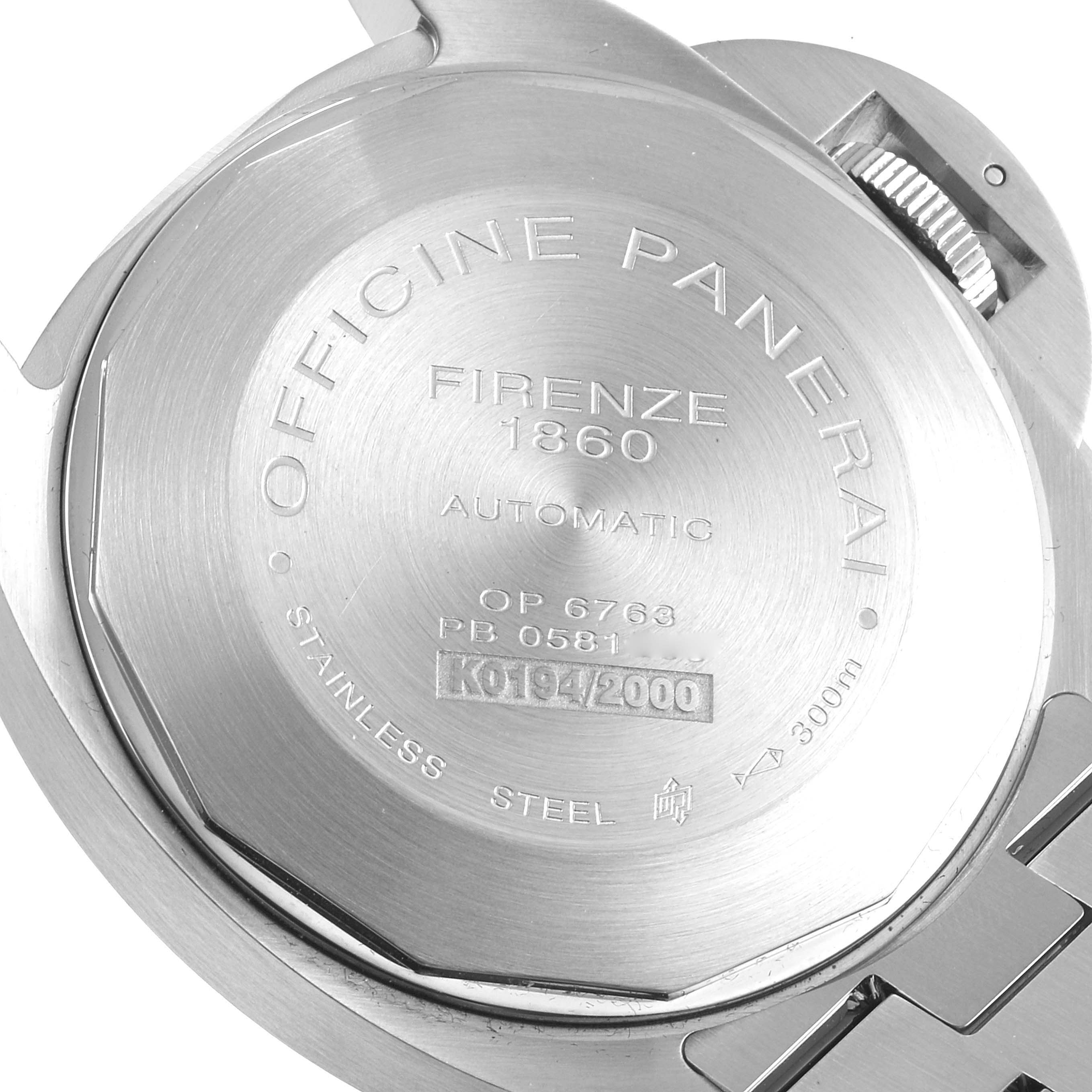 This image shows the case back and crown guard of a Panerai Luminor PAM00299 Men's Stainless Steel Black Dial PAM00299 Men's Stainless Steel Black Dial watch, featuring engraved details and text.