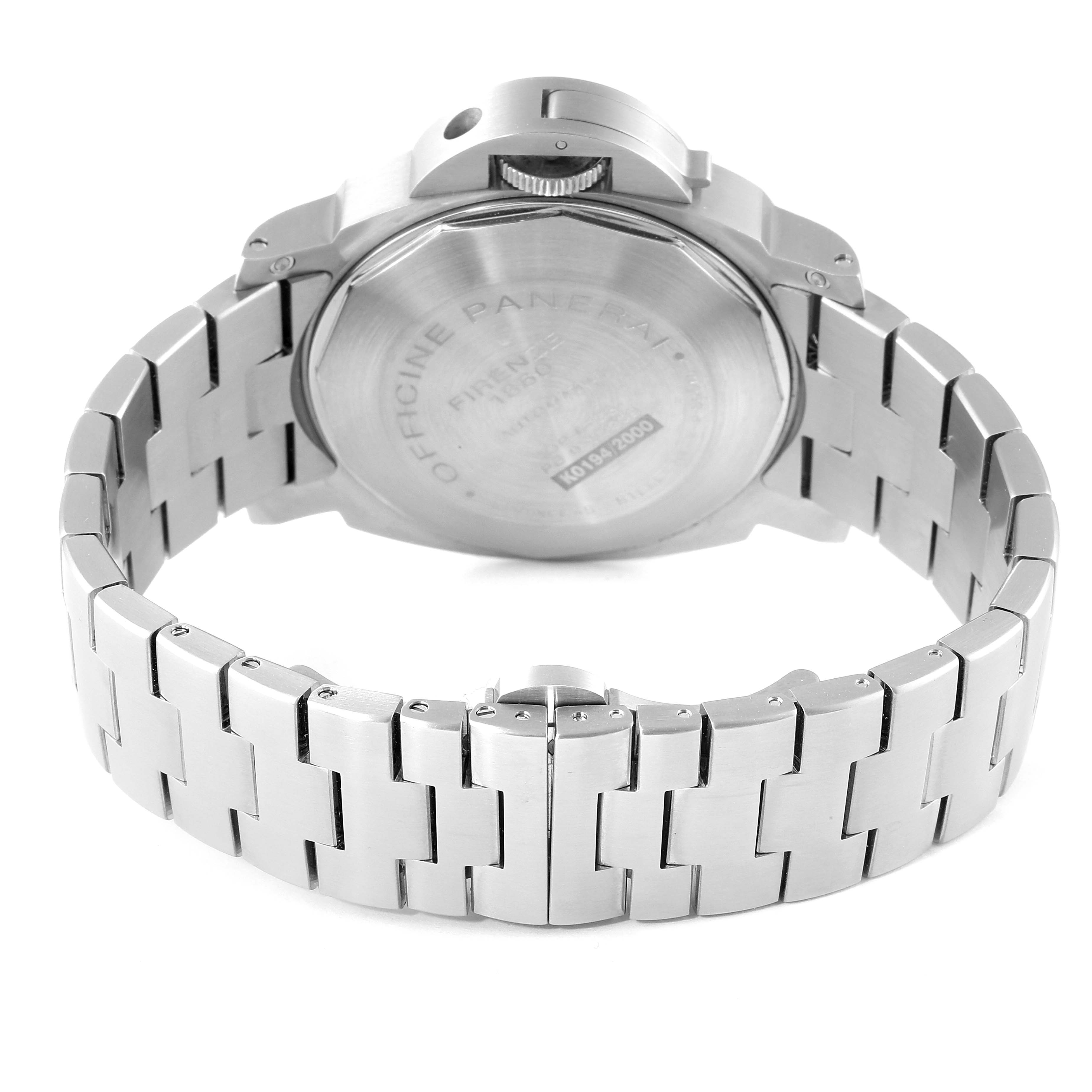 The image shows the back view of a Panerai Luminor PAM00299 Men's Stainless Steel Black Dial PAM00299 Men's Stainless Steel Black Dial watch, highlighting its case back and stainless steel bracelet.