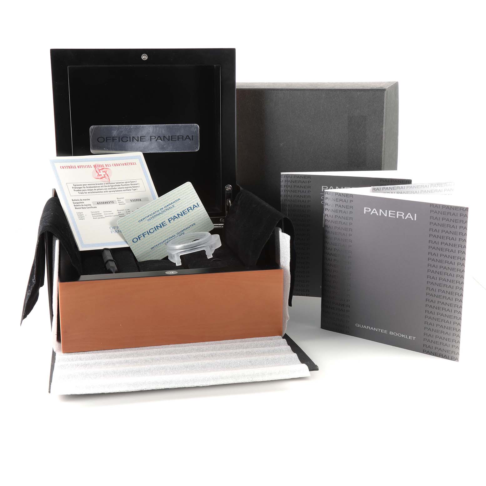 The image shows a Panerai Luminor PAM00299 Men's Stainless Steel Black Dial PAM00299 Men's Stainless Steel Black Dial watch box, instruction manuals, and warranty papers from a front angle.