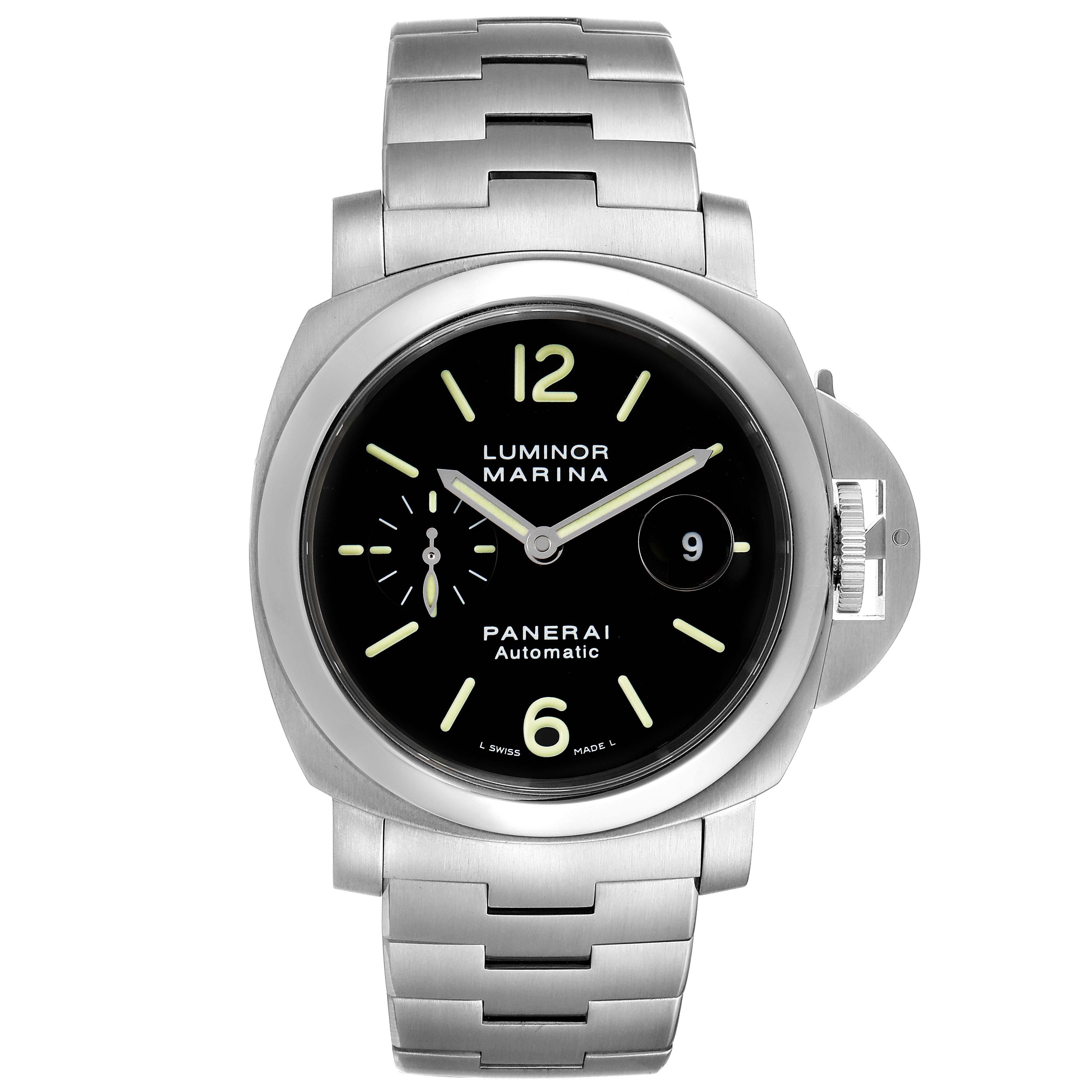 The image shows a front view of a Panerai Luminor PAM00299 Men's Stainless Steel Black Dial PAM00299 Men's Stainless Steel Black Dial Marina watch, highlighting its face, dial, and metal bracelet.