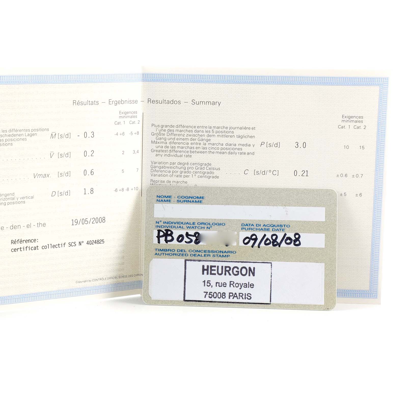 The image shows warranty and certification documents for a Panerai Luminor PAM00299 Men's Stainless Steel Black Dial PAM00299 Men's Stainless Steel Black Dial model watch.