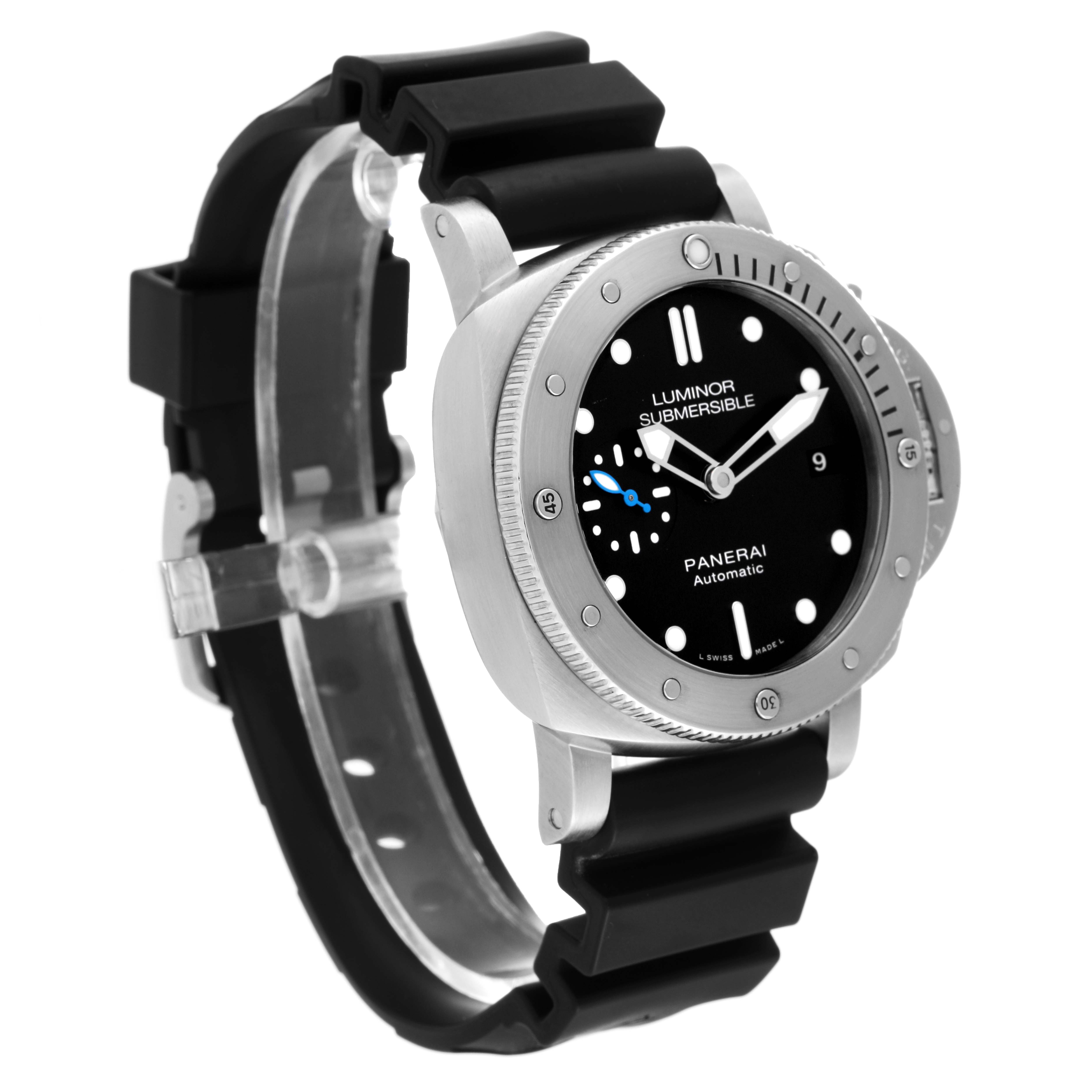 The Panerai Luminor Submersible watch is shown at an angle displaying its face, bezel, and rubber strap.