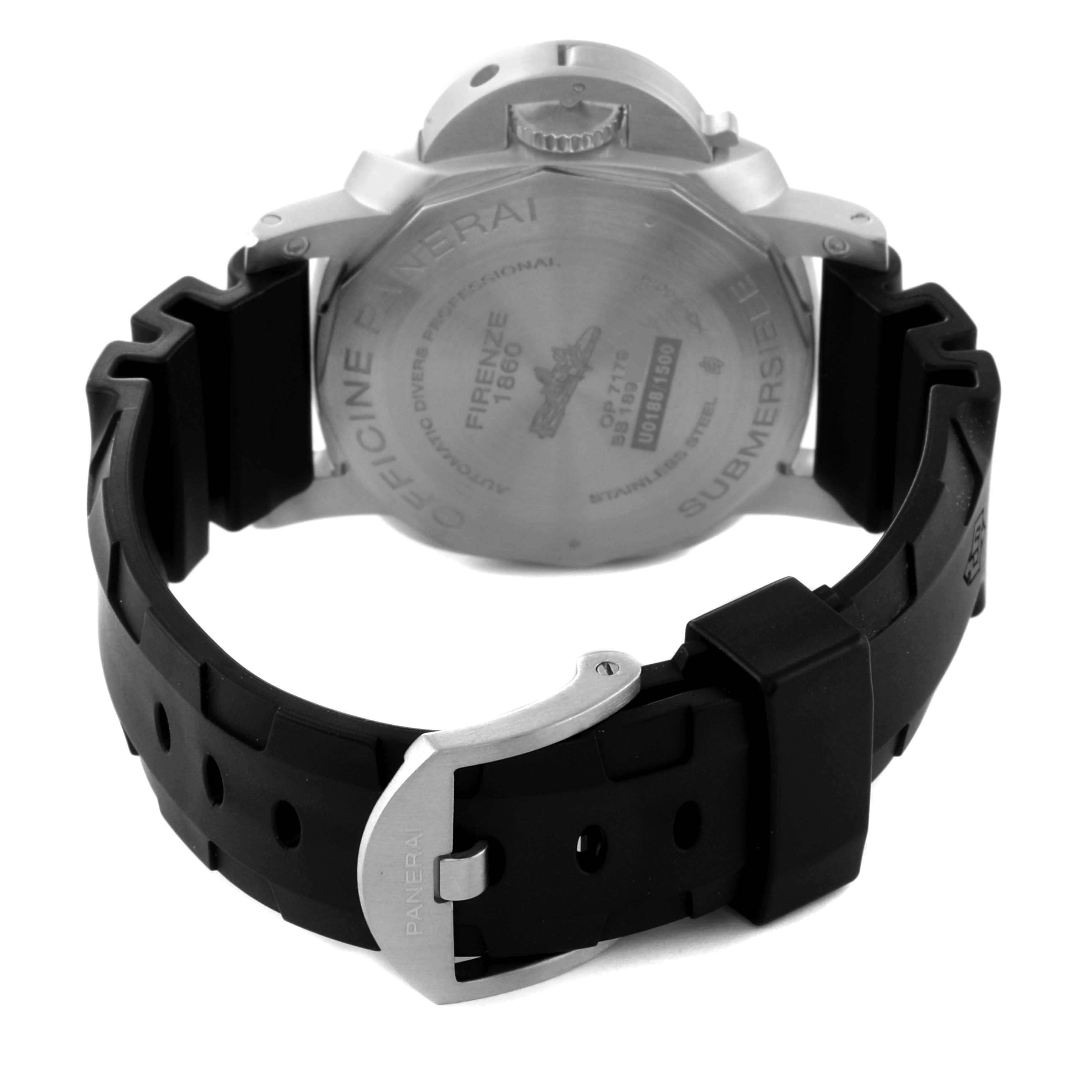 This image shows the back of the Panerai Submersible PAM00682 Men's Stainless Steel Black Dial PAM00682 Men's Stainless Steel Black Dial watch, highlighting its caseback and rubber strap with a metal buckle.