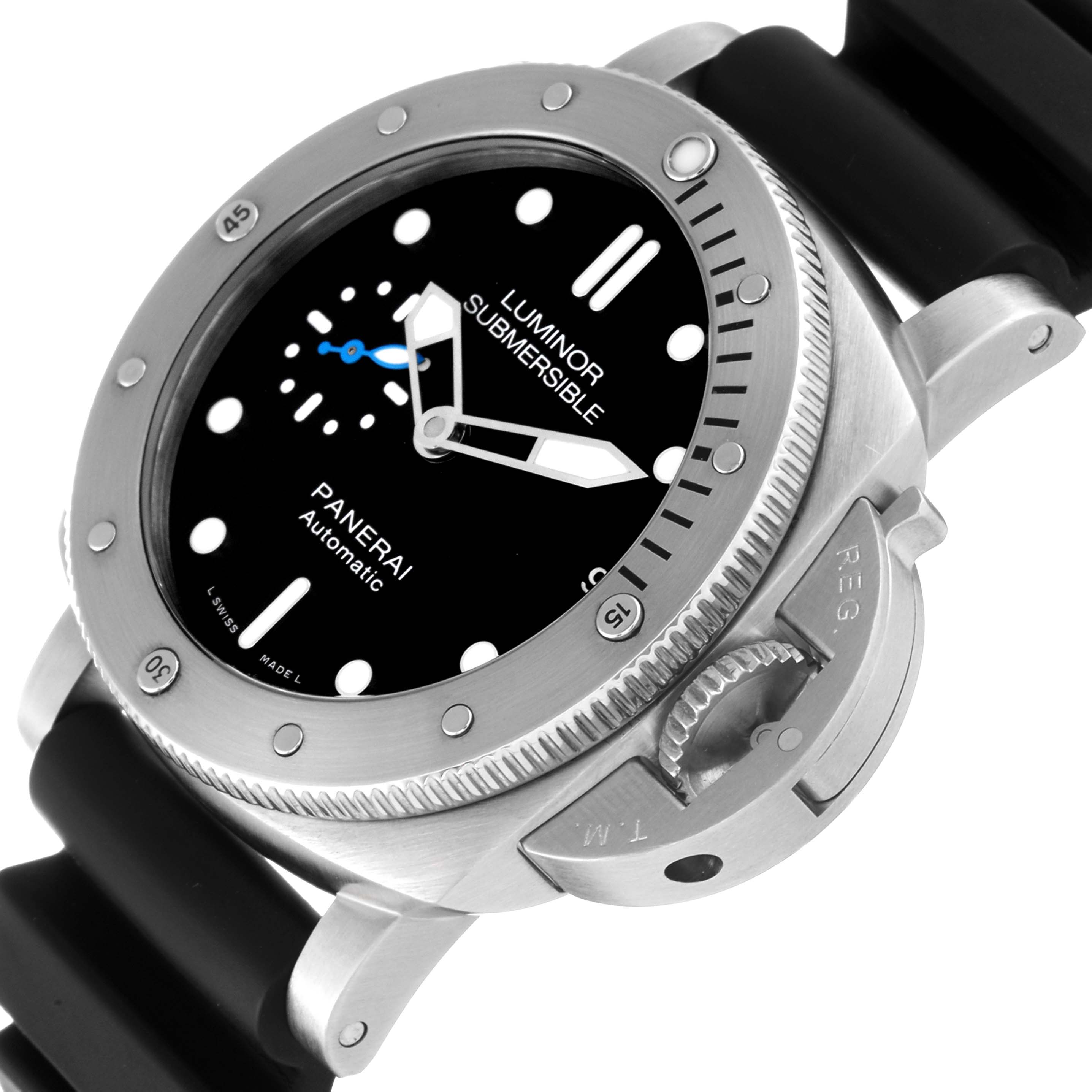 This image shows a close-up view of a Panerai Luminor Submersible watch, focusing on its face, bezel, and crown guard.