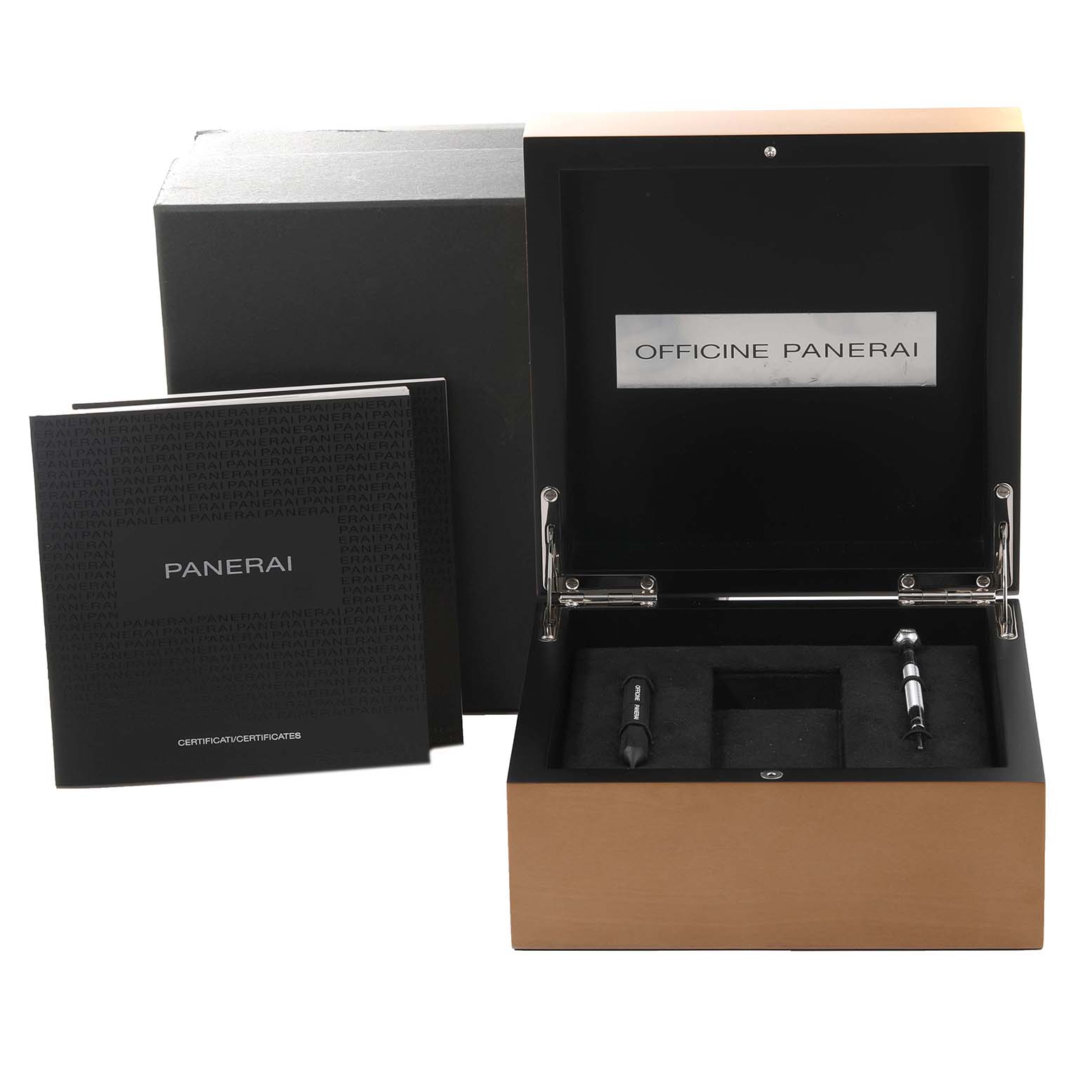 The image shows the packaging box, certificate booklet, and tools for a Panerai Submersible PAM00682 Men's Stainless Steel Black Dial PAM00682 Men's Stainless Steel Black Dial watch.