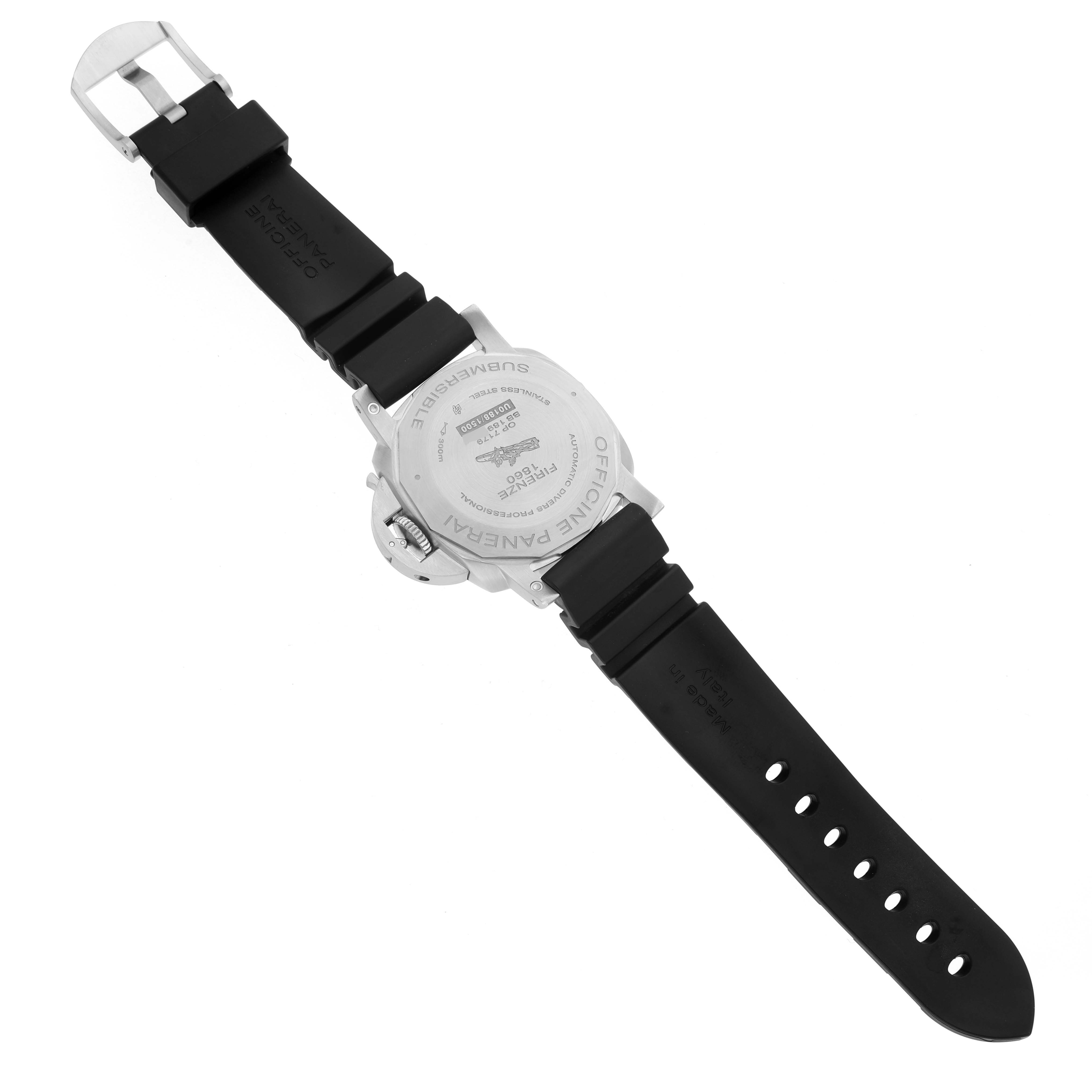 The image shows the back view of a Panerai Submersible PAM00682 Men's Stainless Steel Black Dial PAM00682 Men's Stainless Steel Black Dial watch, highlighting its case back and black strap.