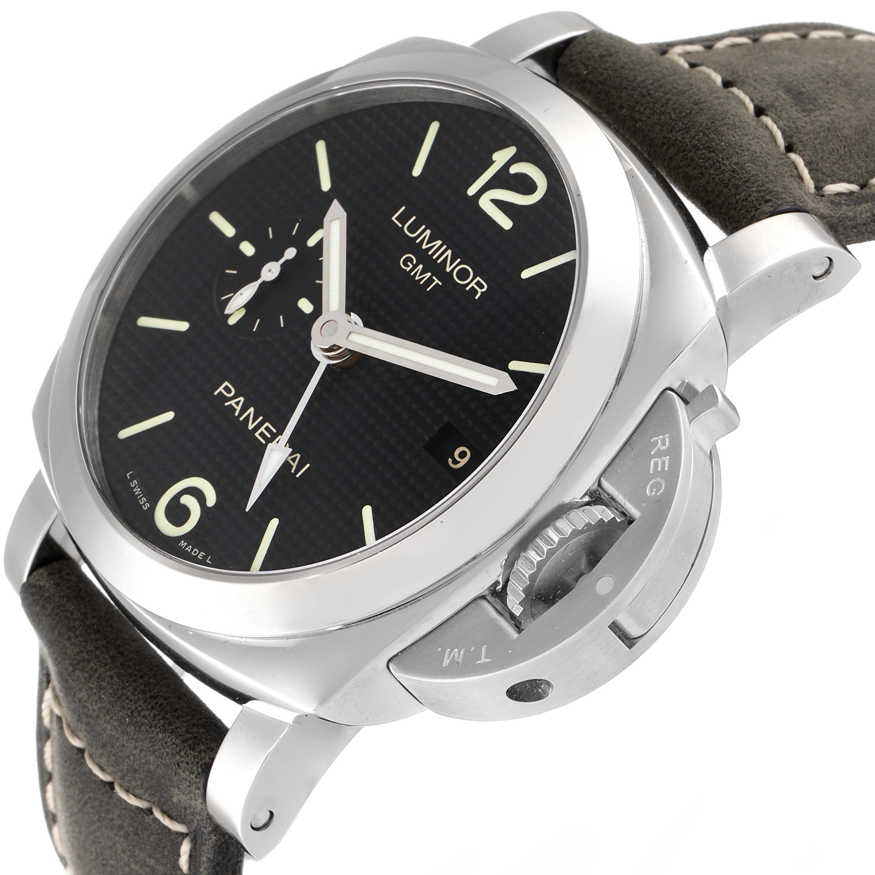 The image shows a side angle of the Panerai Luminor PAM00535 Men
s Stainless Steel Black Dial PAM00535 Men
s Stainless Steel Black Dial GMT watch, highlighting the dial, crown guard, and leather strap.