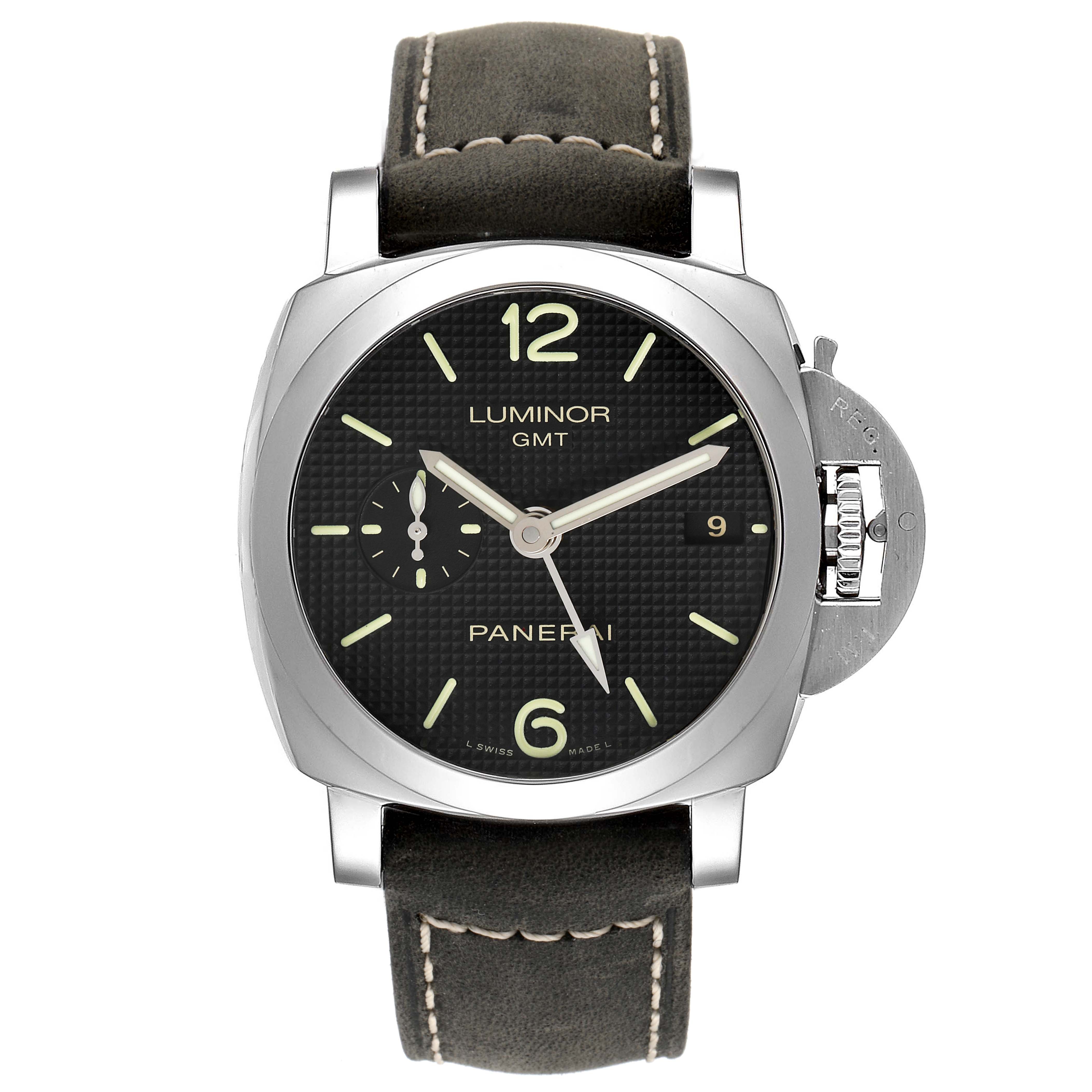 The image shows a front view of a Panerai Luminor PAM00535 Men
s Stainless Steel Black Dial PAM00535 Men
s Stainless Steel Black Dial model watch, displaying its dial and strap.