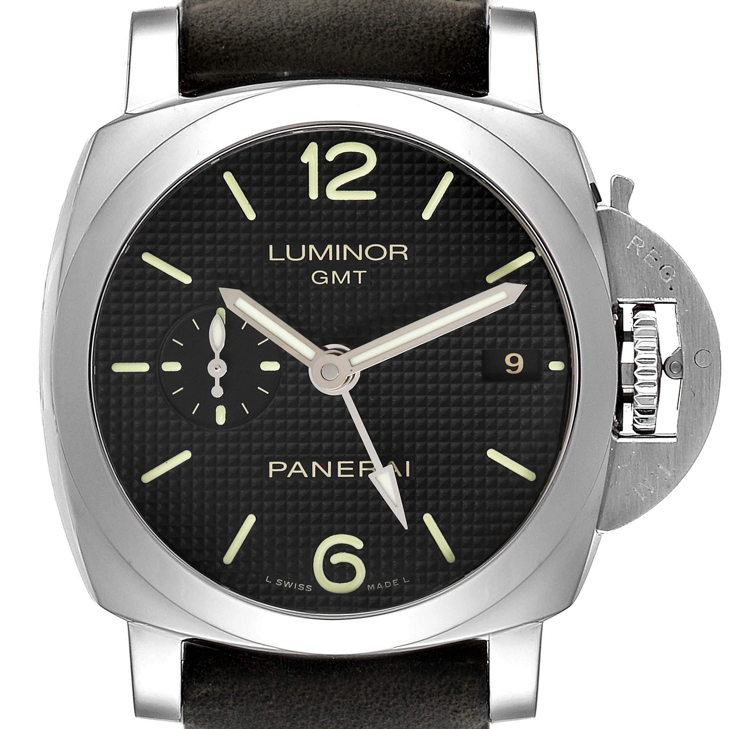 This image shows a front angle of a Panerai Luminor PAM00535 Men
s Stainless Steel Black Dial PAM00535 Men
s Stainless Steel Black Dial GMT watch displaying its face, crown guard, and leather strap.