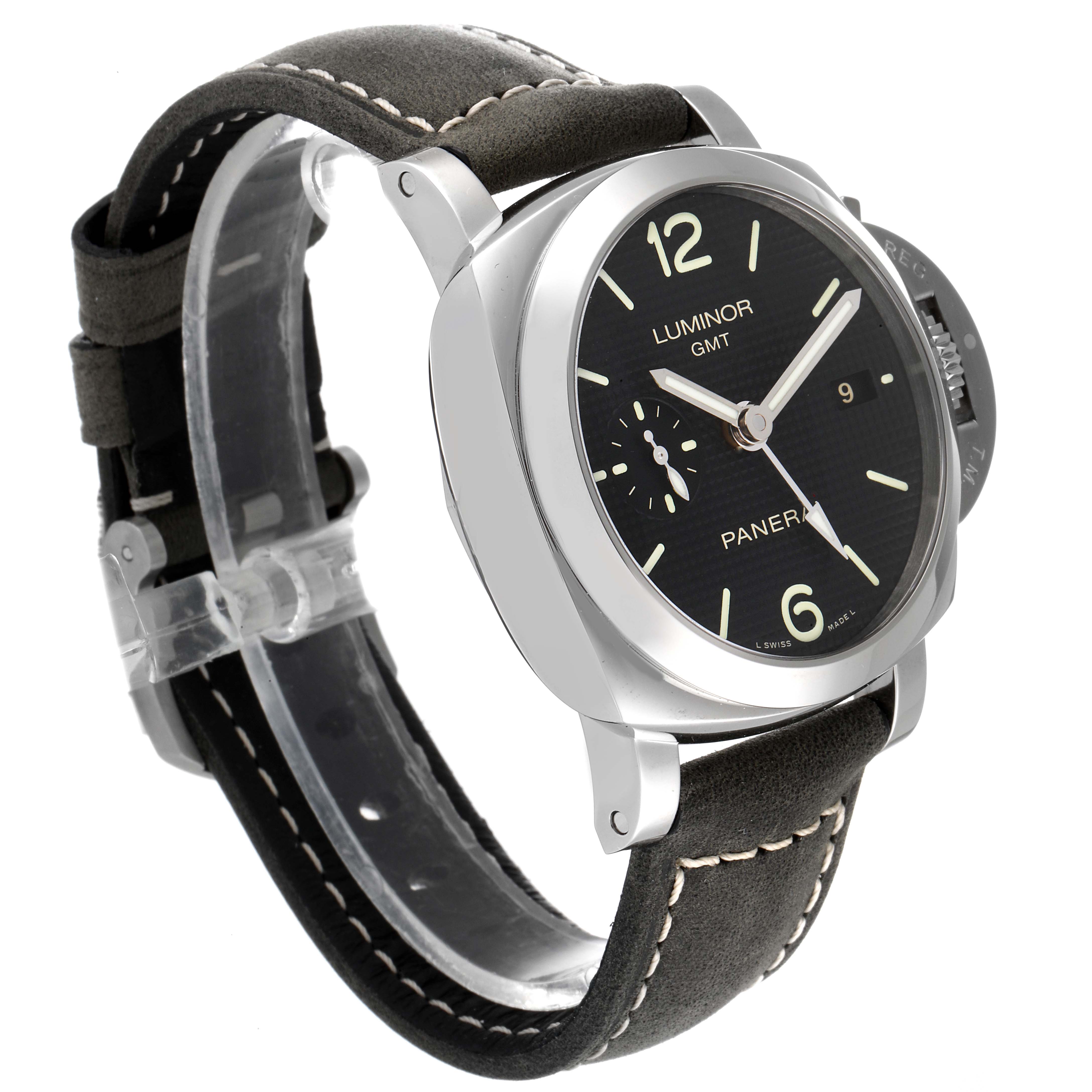 This image shows a Panerai Luminor PAM00535 Men
s Stainless Steel Black Dial PAM00535 Men
s Stainless Steel Black Dial watch from a front-side angle, highlighting its face, dial, and leather strap.