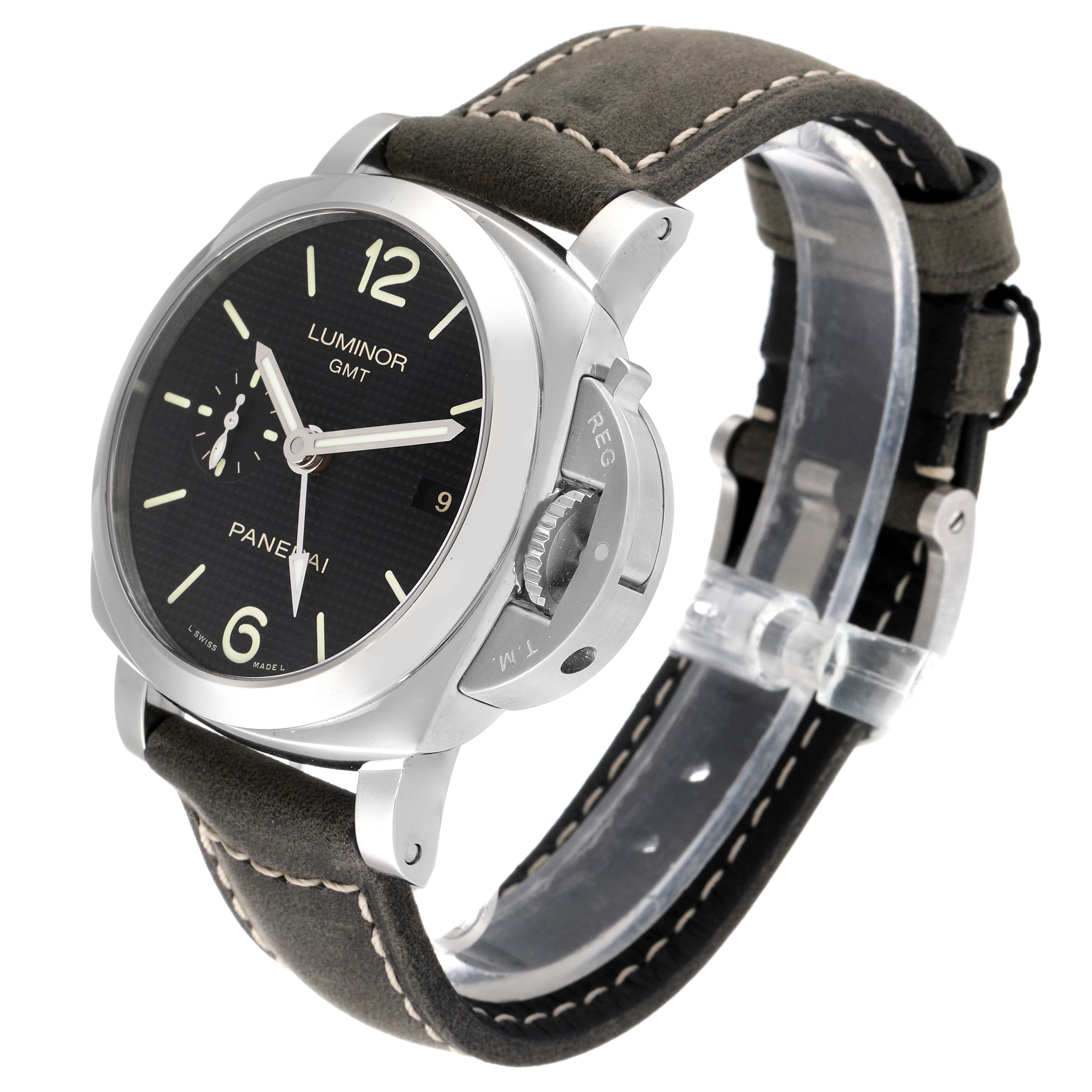 The image shows a Panerai Luminor PAM00535 Men
s Stainless Steel Black Dial PAM00535 Men
s Stainless Steel Black Dial GMT watch at a slight side angle, displaying the face, crown guard, and strap.