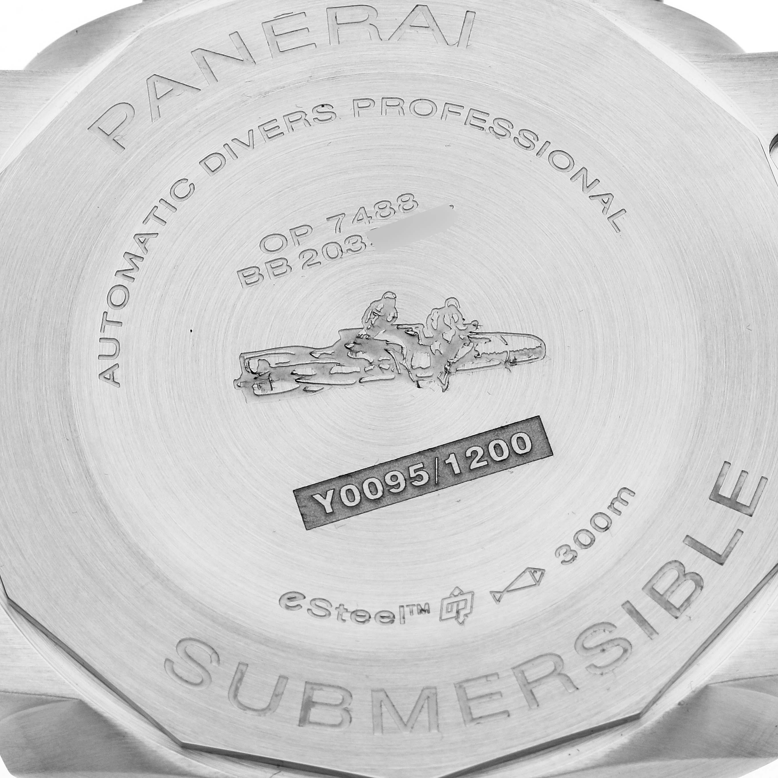 This image shows the case back of the Panerai Submersible PAM01287 Men's Stainless Steel Green Dial PAM01287 Men's Stainless Steel Green Dial watch, highlighting its engravings and model details.