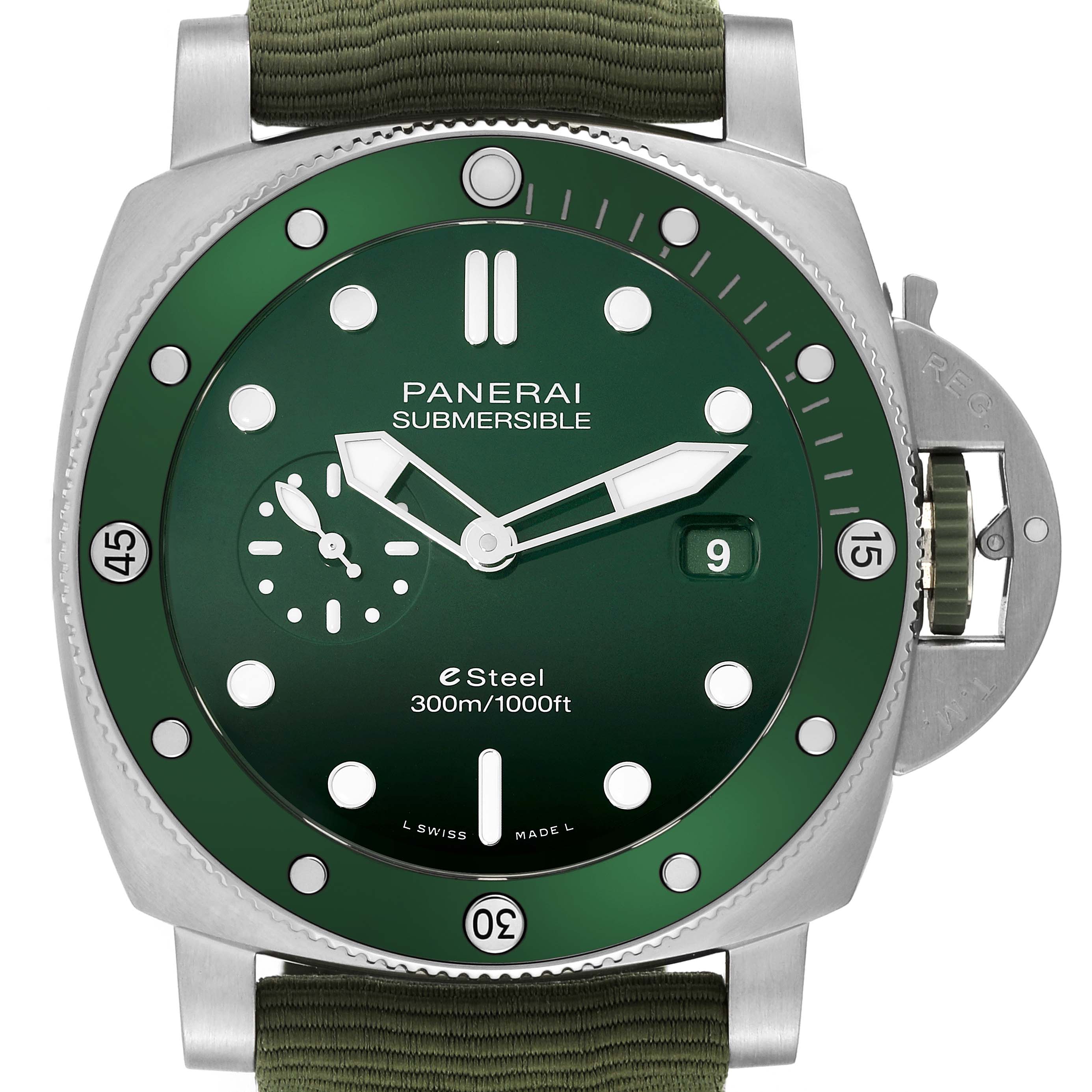 The image shows a front view of a Panerai Submersible PAM01287 Men's Stainless Steel Green Dial PAM01287 Men's Stainless Steel Green Dial watch with a green dial and bezel, revealing the face, bezel, and eSteel case.