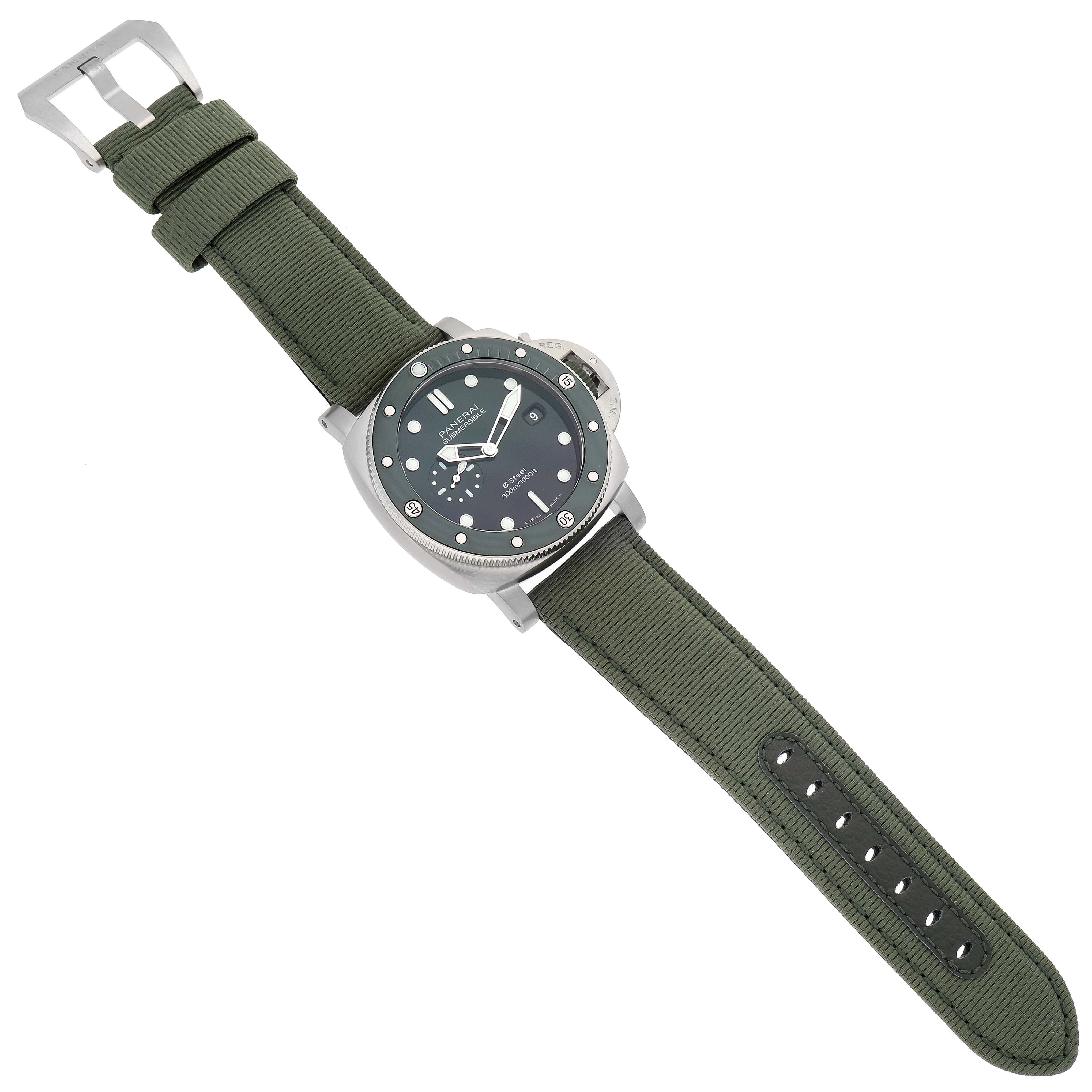 This Panerai Submersible PAM01287 Men's Stainless Steel Green Dial PAM01287 Men's Stainless Steel Green Dial watch is shown from a top-down angle, displaying the face, bezel, and green strap.