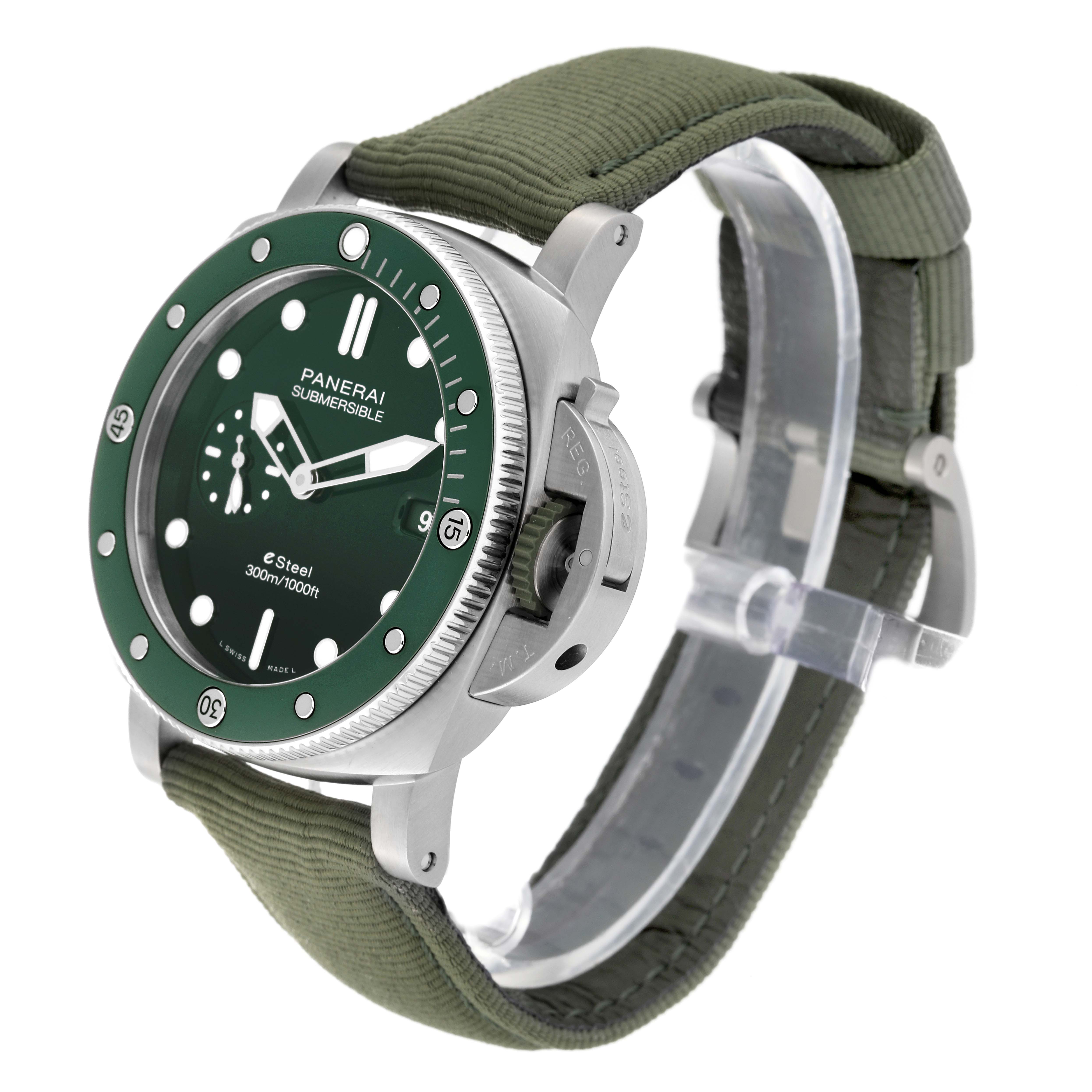 The Panerai Submersible PAM01287 Men's Stainless Steel Green Dial PAM01287 Men's Stainless Steel Green Dial watch is shown at a three-quarter angle, highlighting the green dial, bezel, and green strap.
