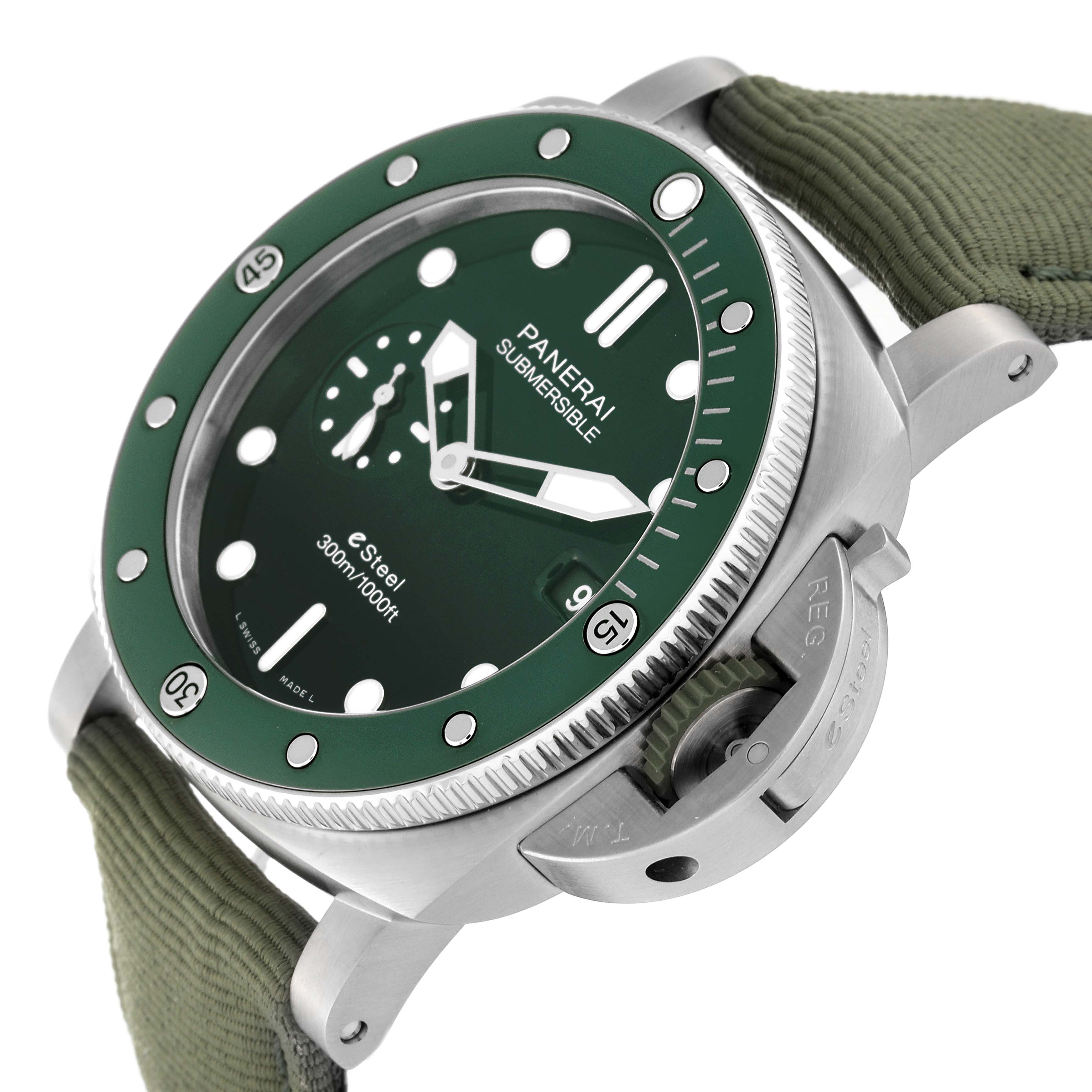 This image shows a Panerai Submersible PAM01287 Men's Stainless Steel Green Dial PAM01287 Men's Stainless Steel Green Dial watch from an angled side view, highlighting the green dial, bezel, crown, and strap.