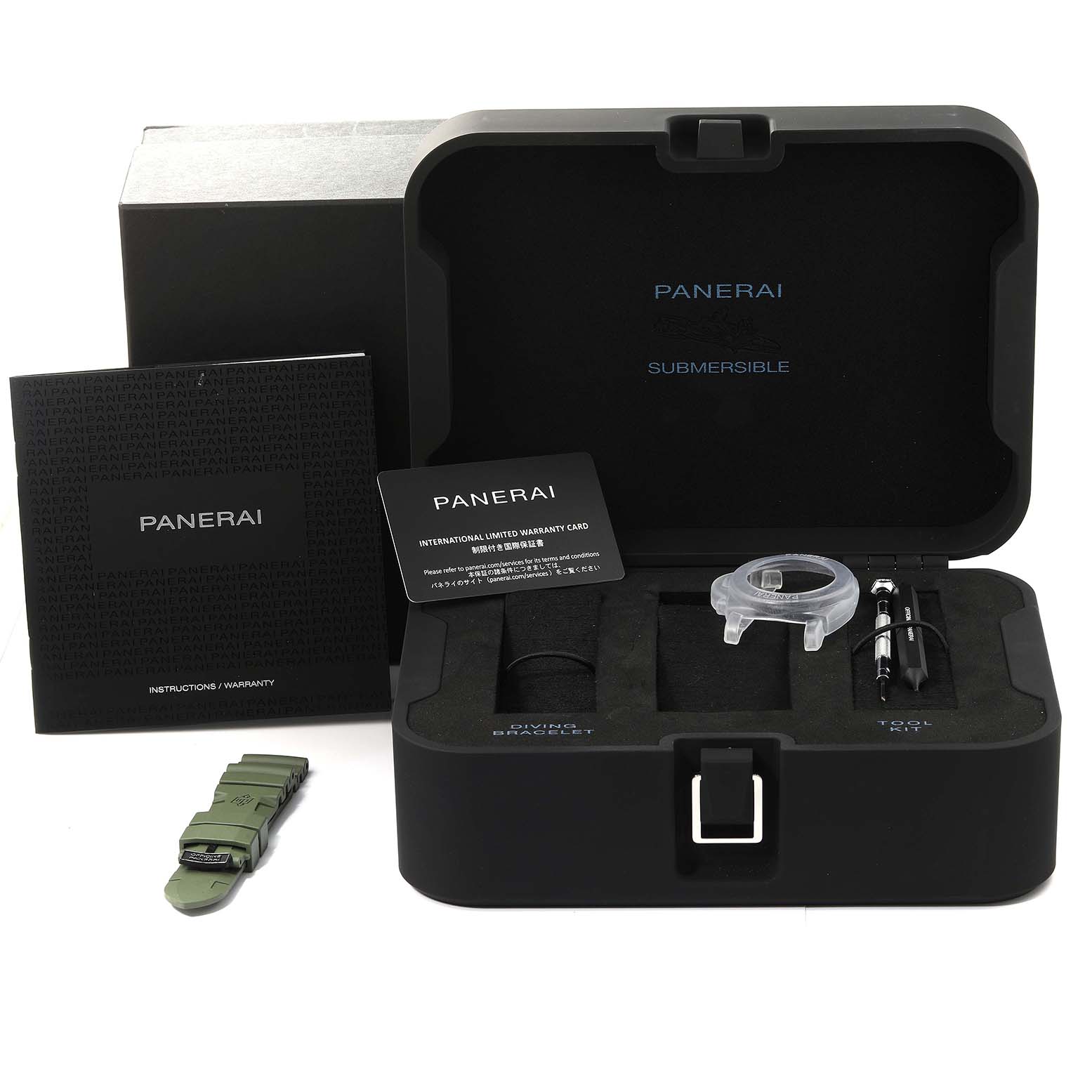 The image shows the Panerai Submersible PAM01287 Men's Stainless Steel Green Dial PAM01287 Men's Stainless Steel Green Dial watch packaging, including the case, booklet, warranty card, extra strap, and tool kit.