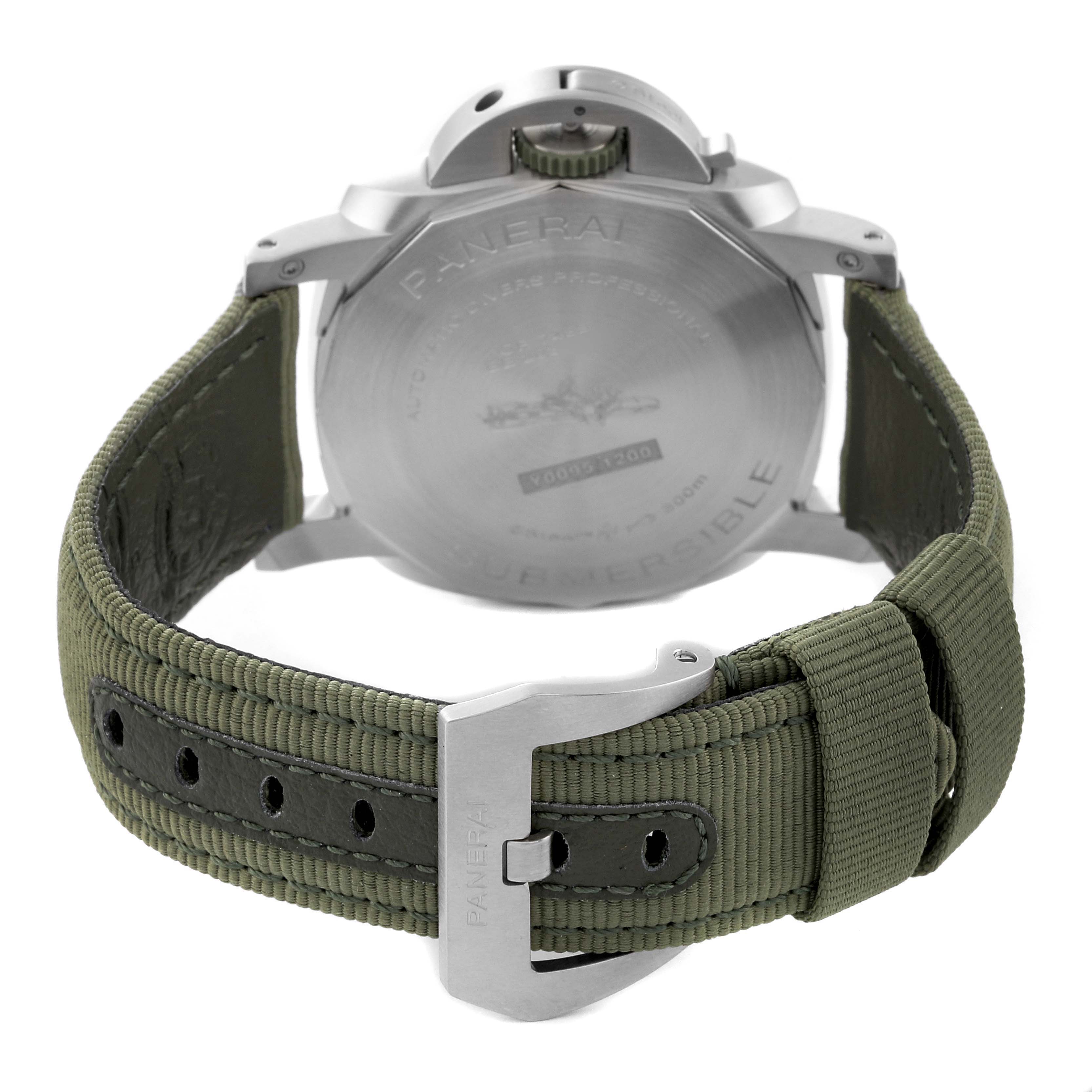 The image shows the back case and green strap of a Panerai Submersible PAM01287 Men's Stainless Steel Green Dial PAM01287 Men's Stainless Steel Green Dial watch at a rear angle.