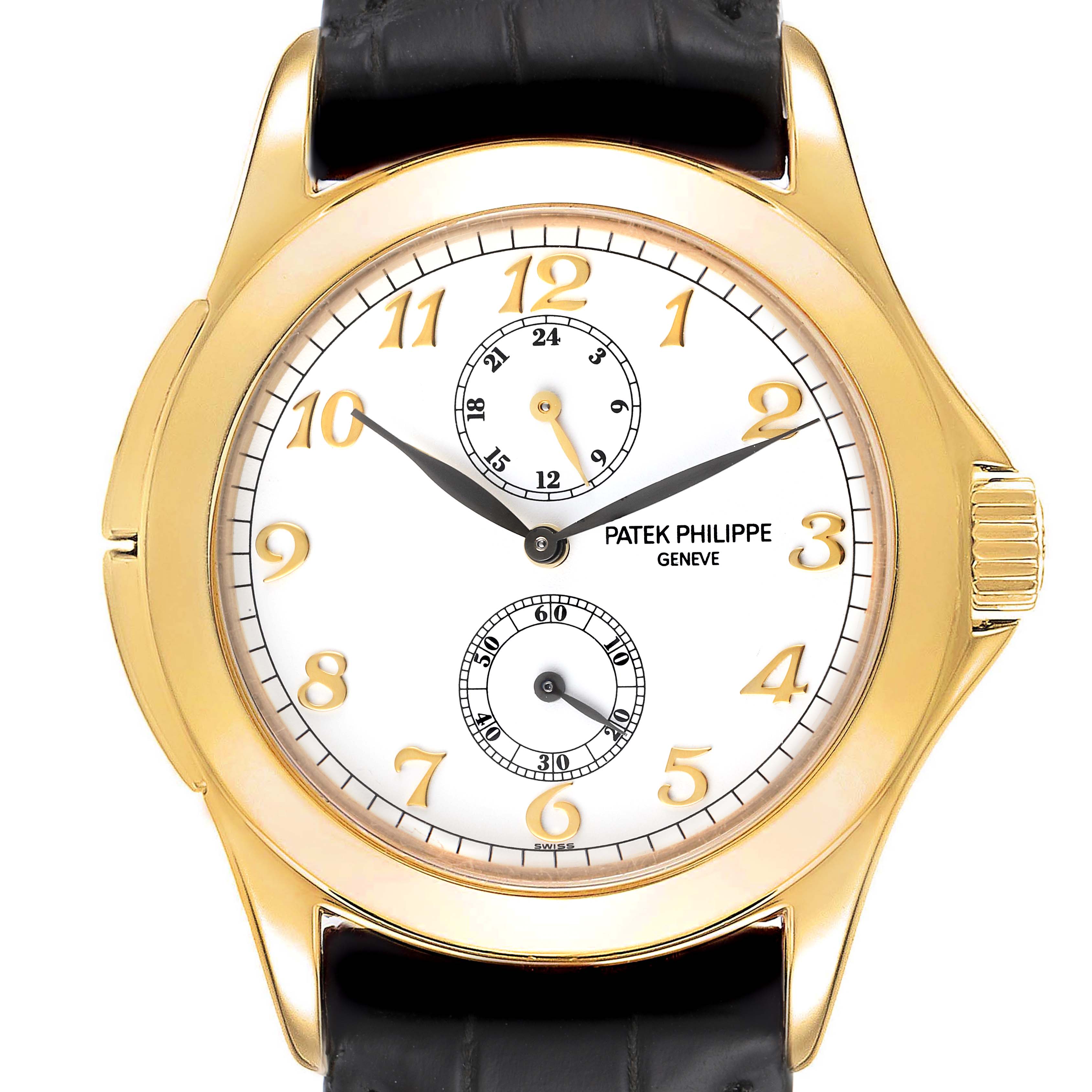 The image shows a front view of the Patek Philippe Calatrava 5134J Men's Yellow Gold White Dial 5134J Men's Yellow Gold White Dial watch featuring its face, numerals, hands, and a leather strap.