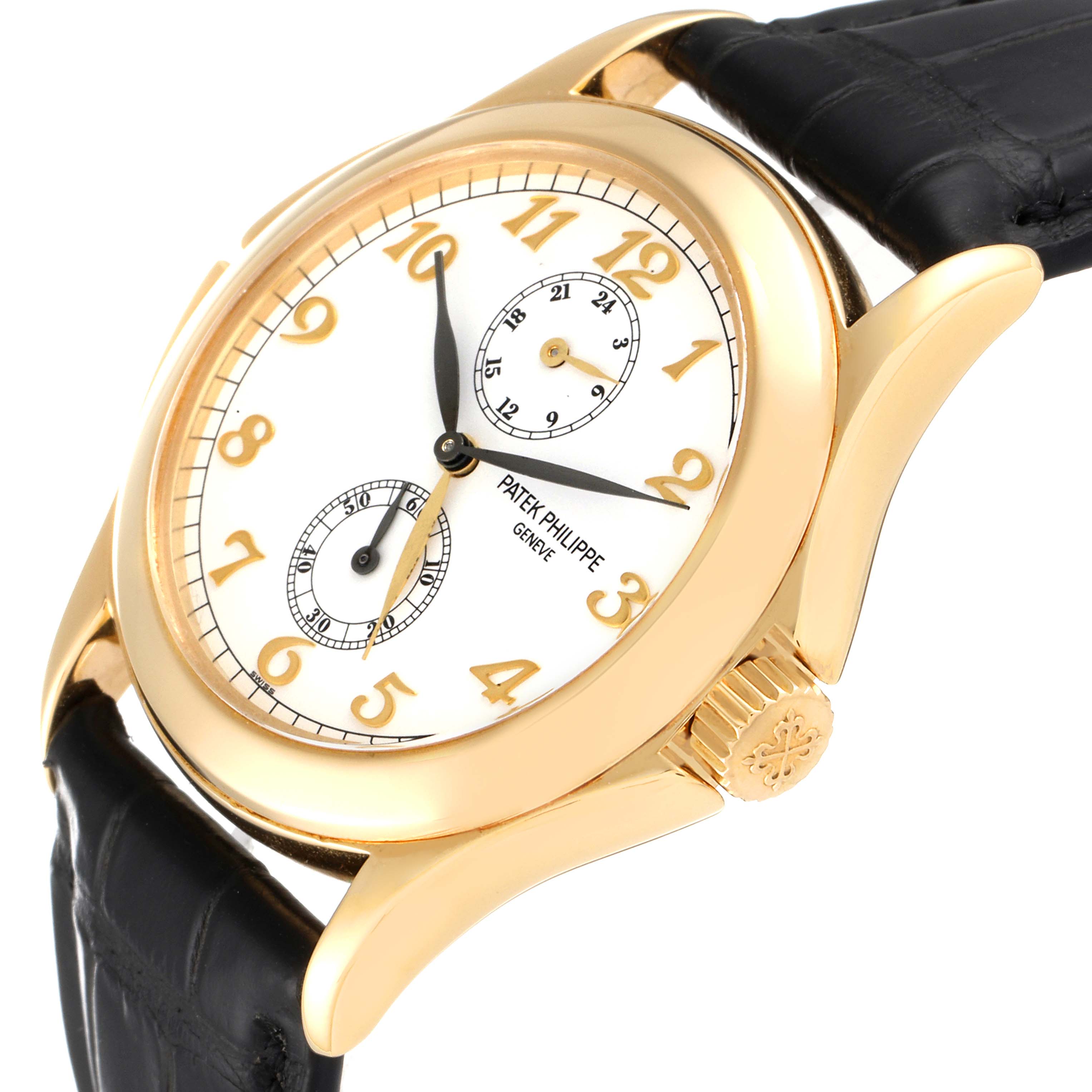 The Patek Philippe Calatrava 5134J Men's Yellow Gold White Dial 5134J Men's Yellow Gold White Dial watch is shown at an angle displaying the face, crown, and part of the leather strap.