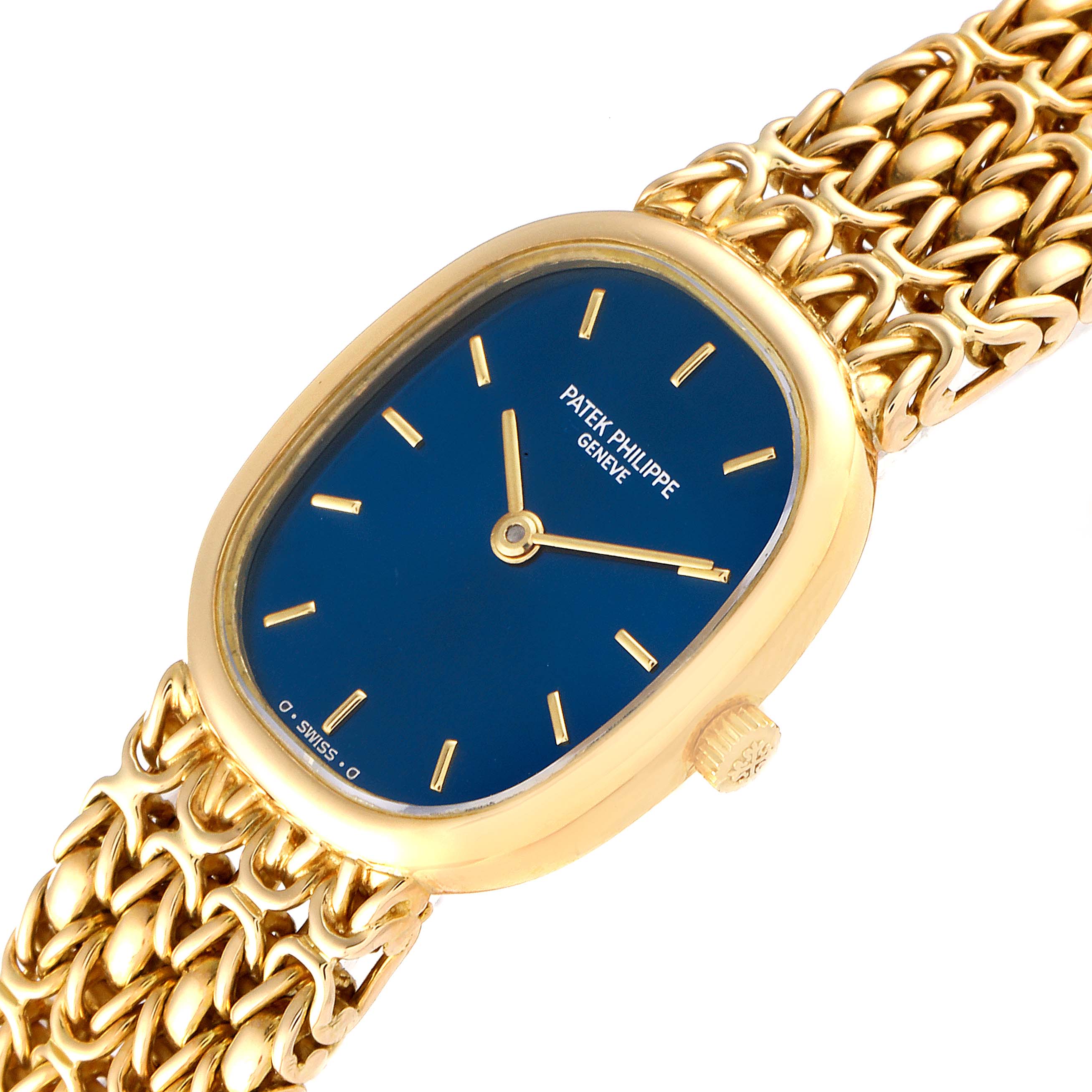 The image shows a front-angle view of the Patek Philippe Golden Ellipse 4764 Women's Yellow Gold Blue Dial 4764 Women's Yellow Gold Blue Dial watch, highlighting its blue dial, gold case, and gold bracelet.
