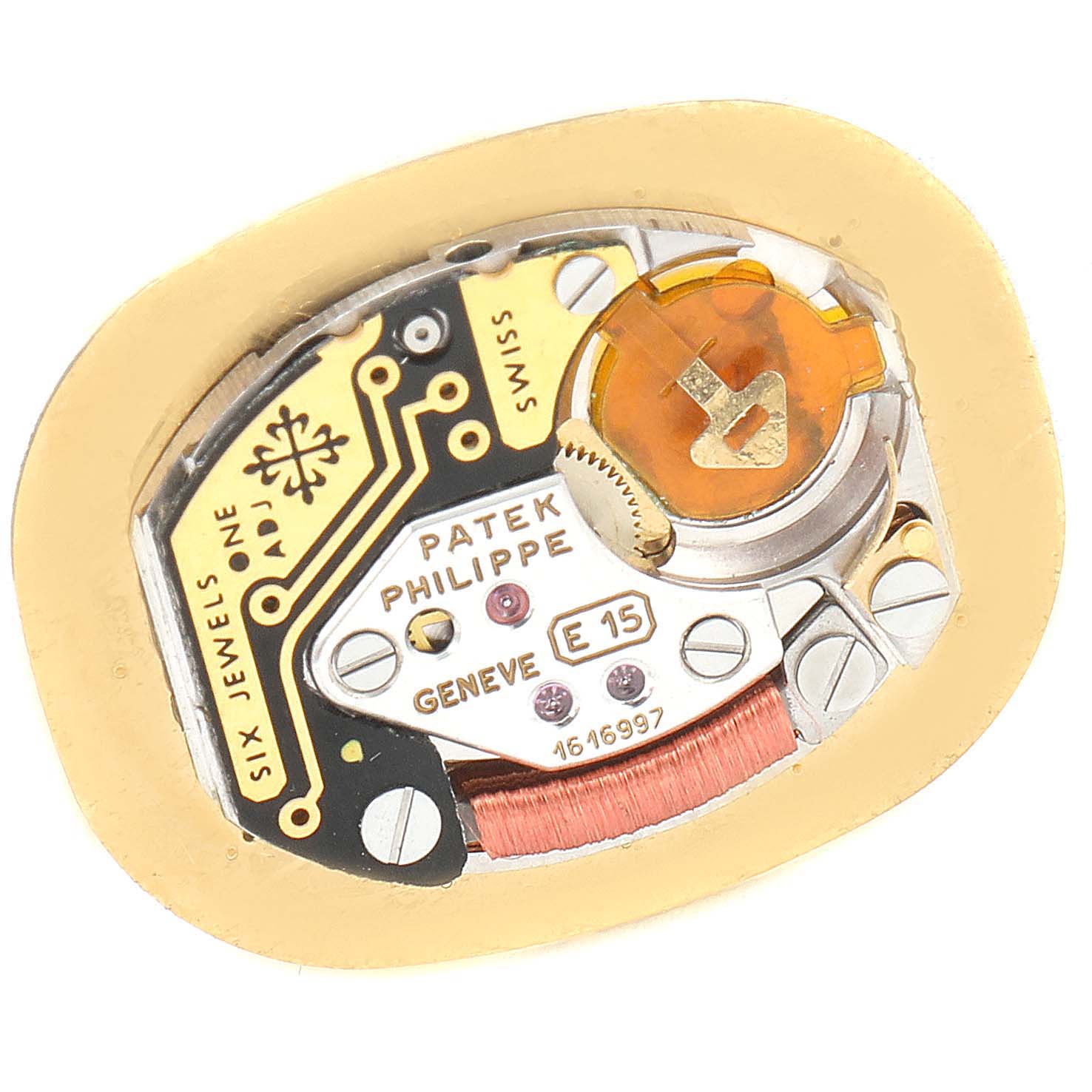 This image shows the internal mechanism of a Patek Philippe Golden Ellipse 4764 Women's Yellow Gold Blue Dial 4764 Women's Yellow Gold Blue Dial watch, focusing on the movement's components.