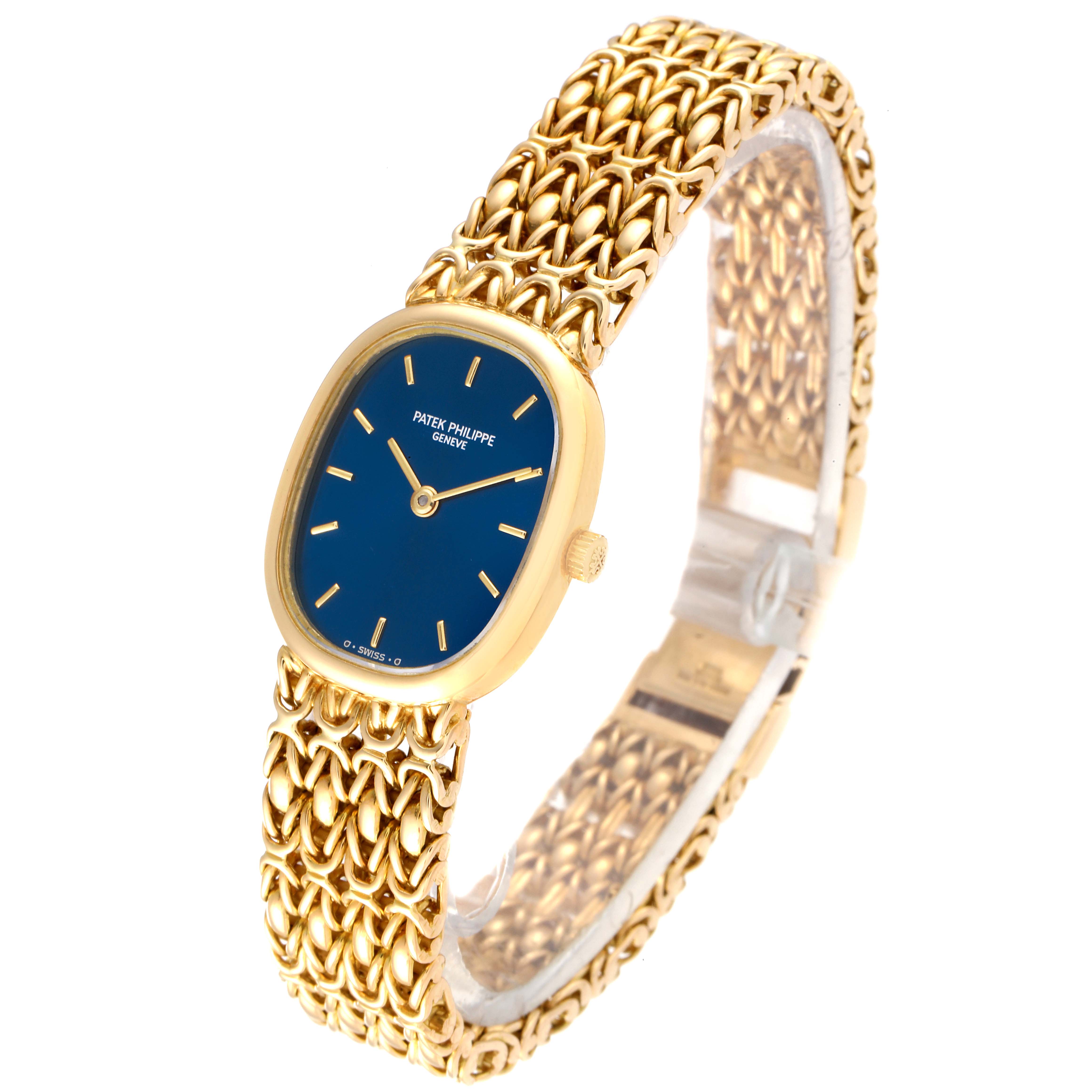This image shows the front and side view of the Patek Philippe Golden Ellipse 4764 Women's Yellow Gold Blue Dial 4764 Women's Yellow Gold Blue Dial watch, highlighting its gold bracelet and blue dial.