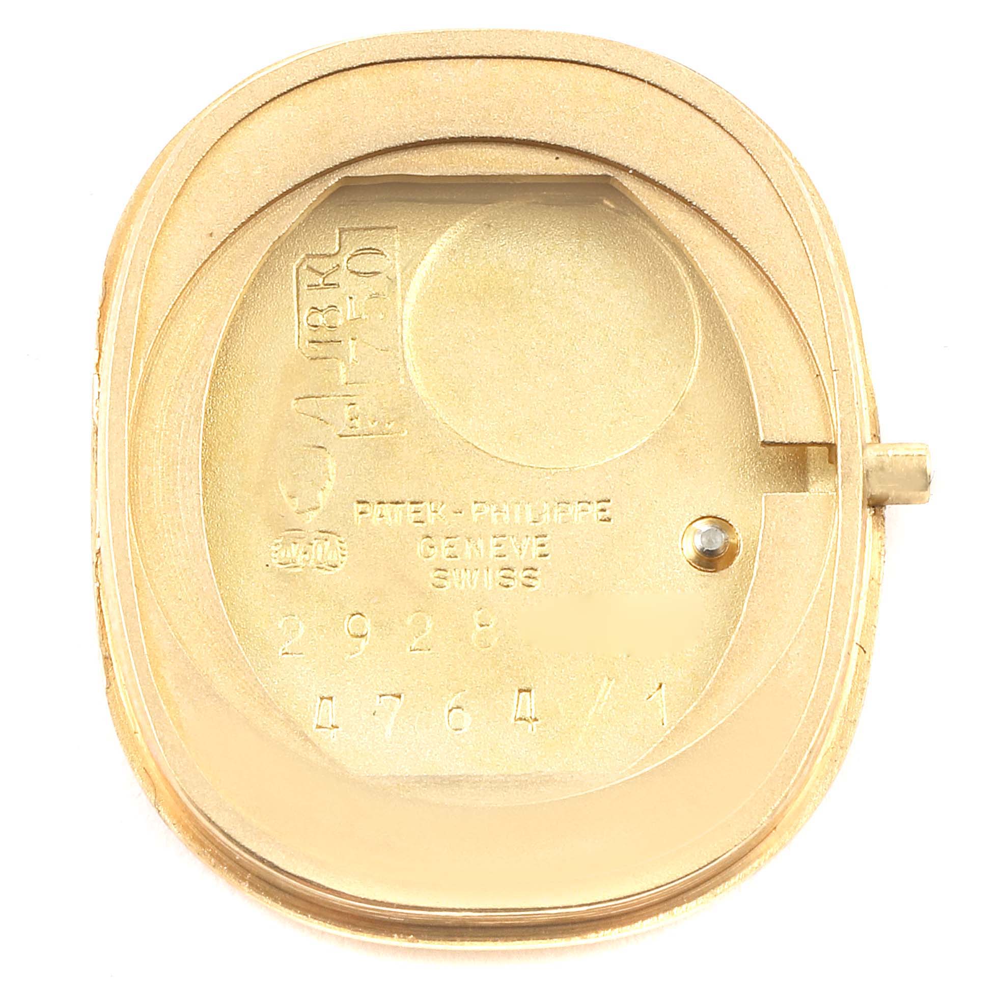 The image shows the inner back case of the Patek Philippe Golden Ellipse 4764 Women's Yellow Gold Blue Dial 4764 Women's Yellow Gold Blue Dial watch.