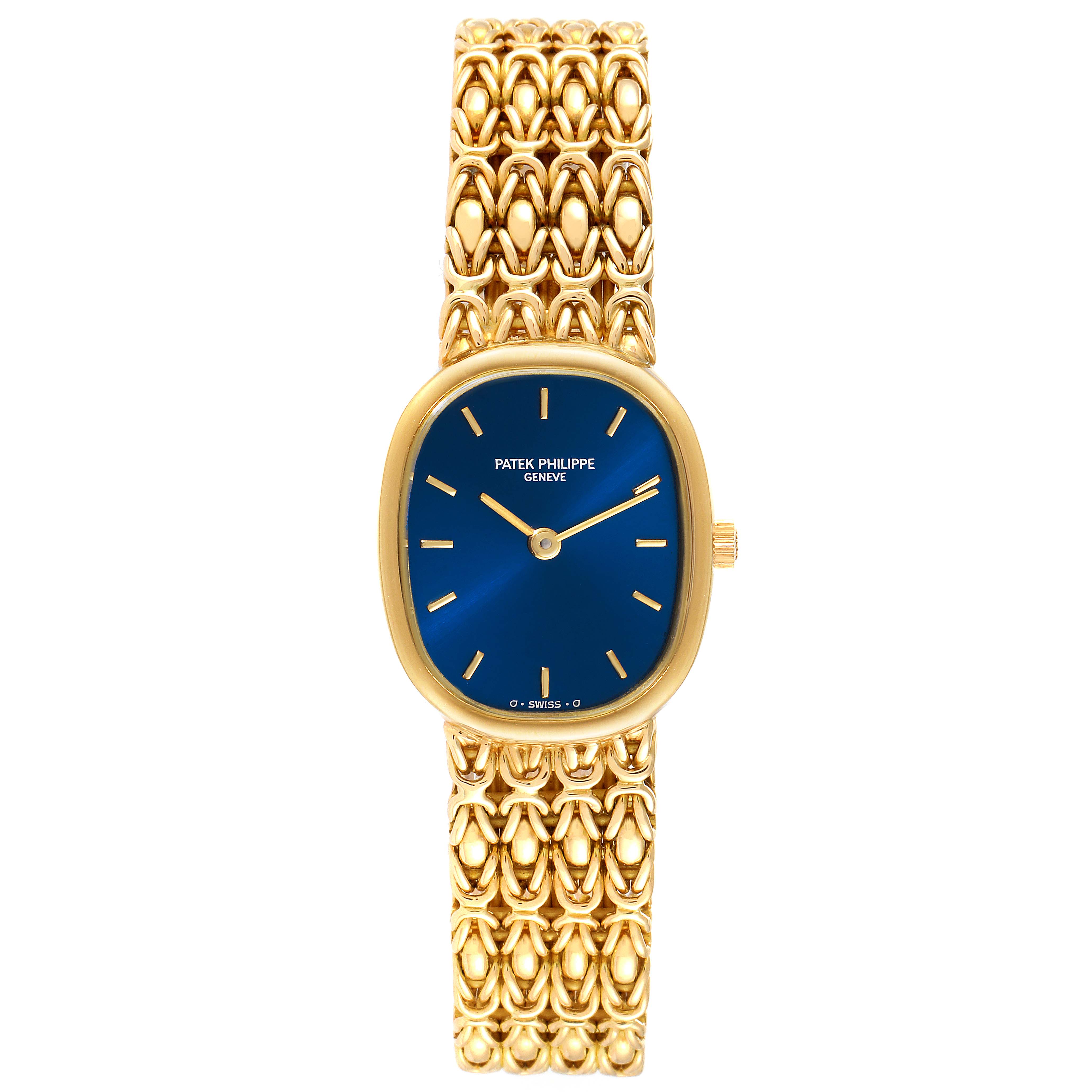 The image shows a Patek Philippe Golden Ellipse 4764 Women's Yellow Gold Blue Dial 4764 Women's Yellow Gold Blue Dial watch from a front angle, displaying its blue dial and intricate gold bracelet.