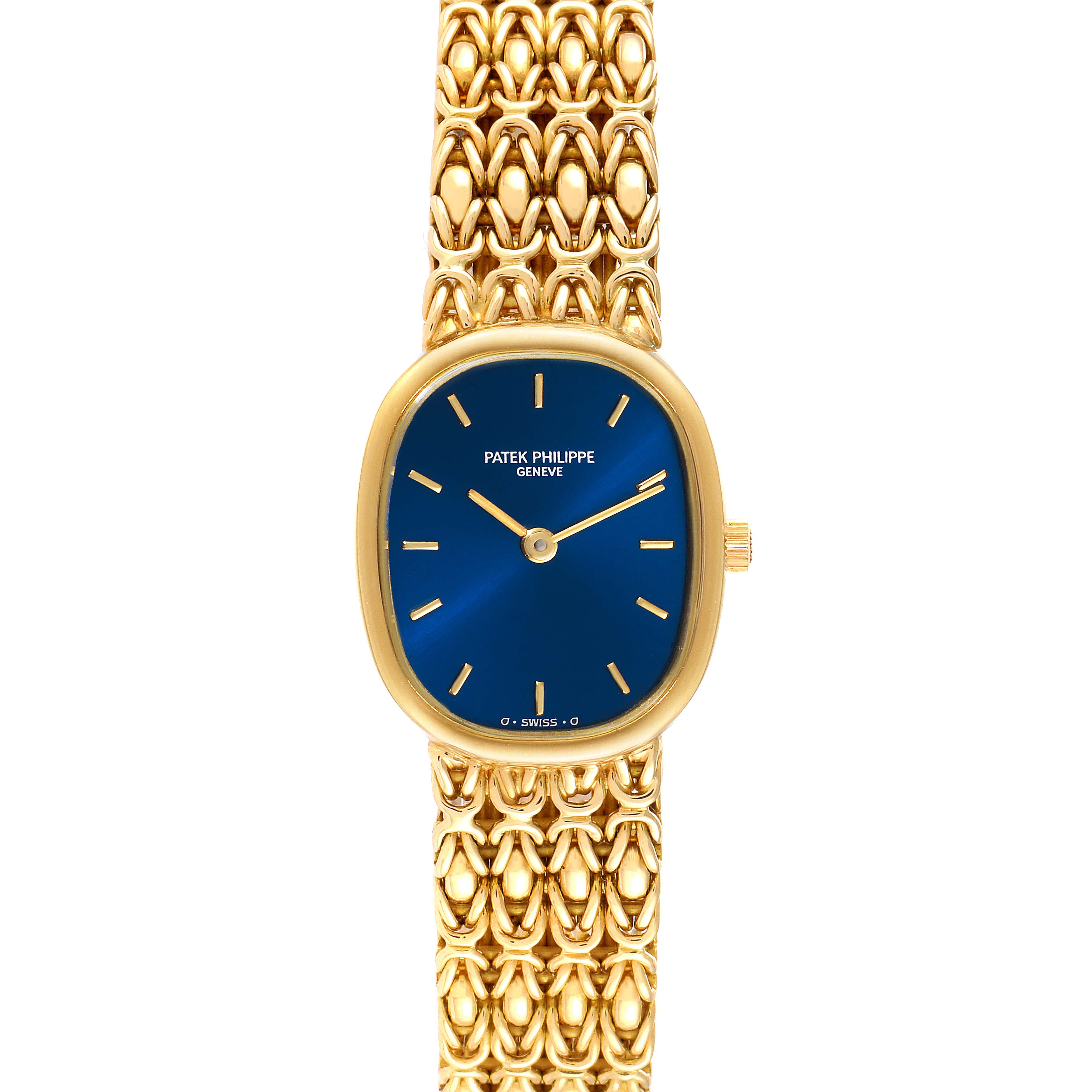 The image shows a frontal view of a Patek Philippe Golden Ellipse 4764 Women's Yellow Gold Blue Dial 4764 Women's Yellow Gold Blue Dial watch, highlighting the blue dial and ornate gold bracelet.