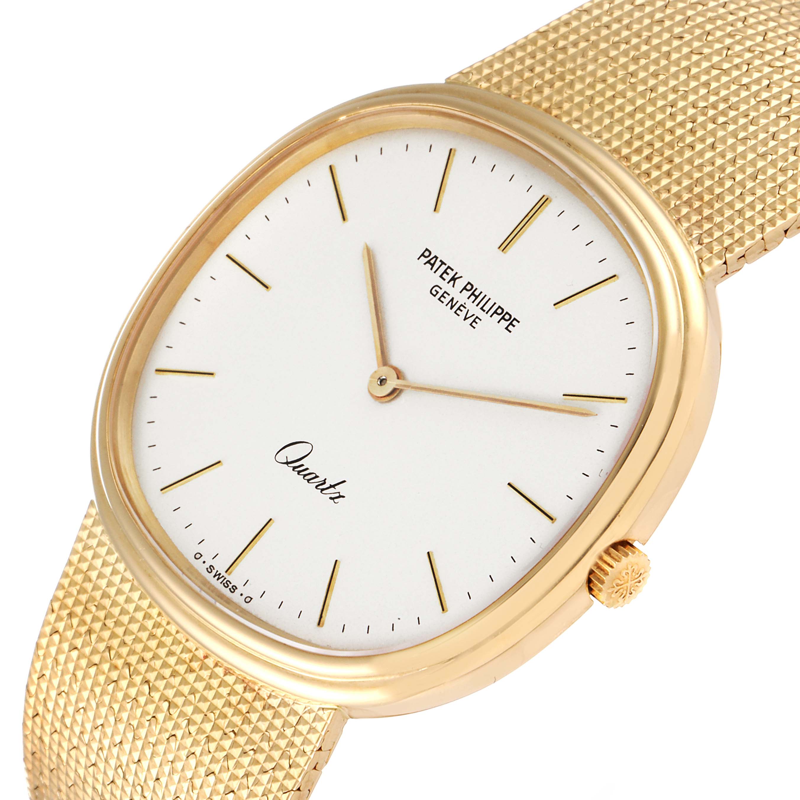 This Patek Philippe Golden Ellipse 3879 Men's Yellow Gold Silver Dial 3879 Men's Yellow Gold Silver Dial watch is shown at a slight angle, displaying the dial, crown, and part of the gold bracelet.